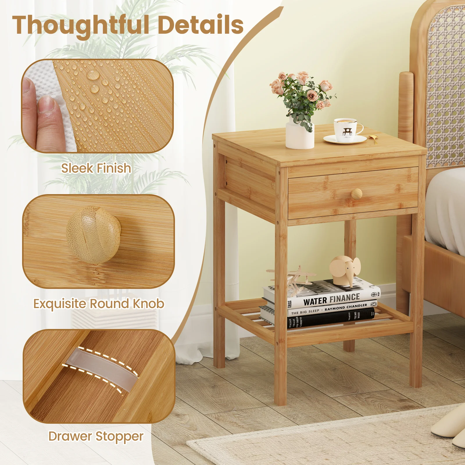 Bamboo Nightstand, 1/2 Size, Storage Drawer, Open Shelf - Image 10