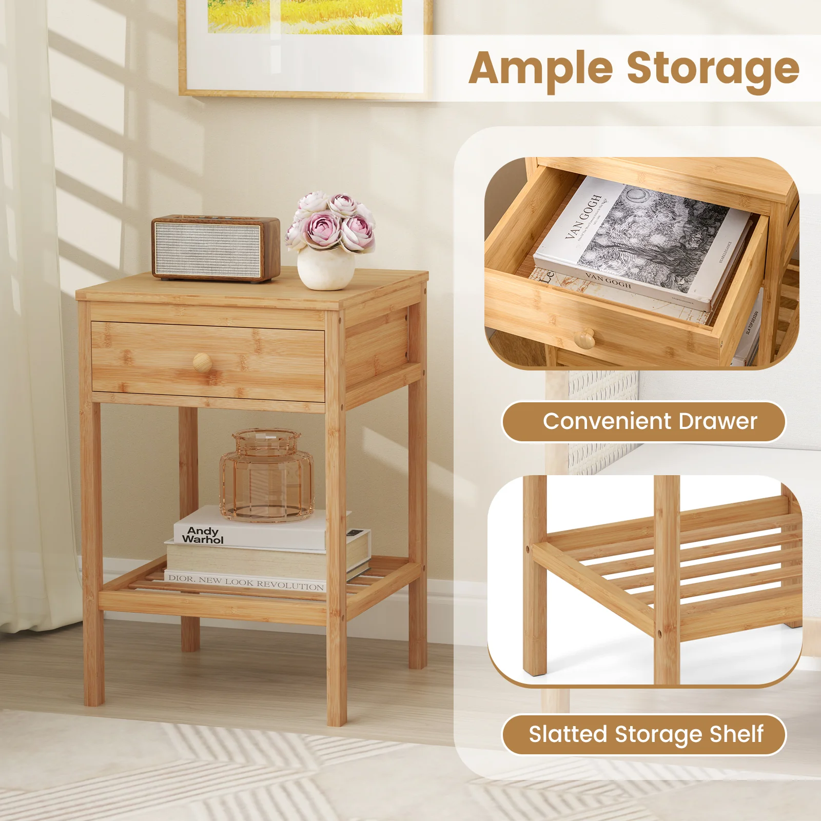 Bamboo Nightstand, 1/2 Size, Storage Drawer, Open Shelf - Image 8