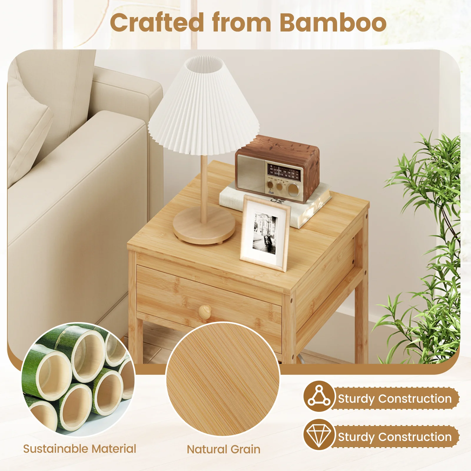 Bamboo Nightstand, 1/2 Size, Storage Drawer, Open Shelf - Image 9