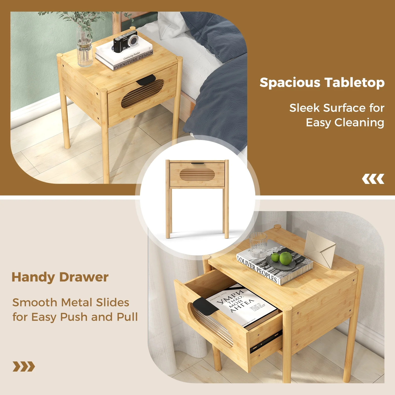 Bamboo Nightstand, Square Tall End Table, Decorated Drawer, Natural - Image 10