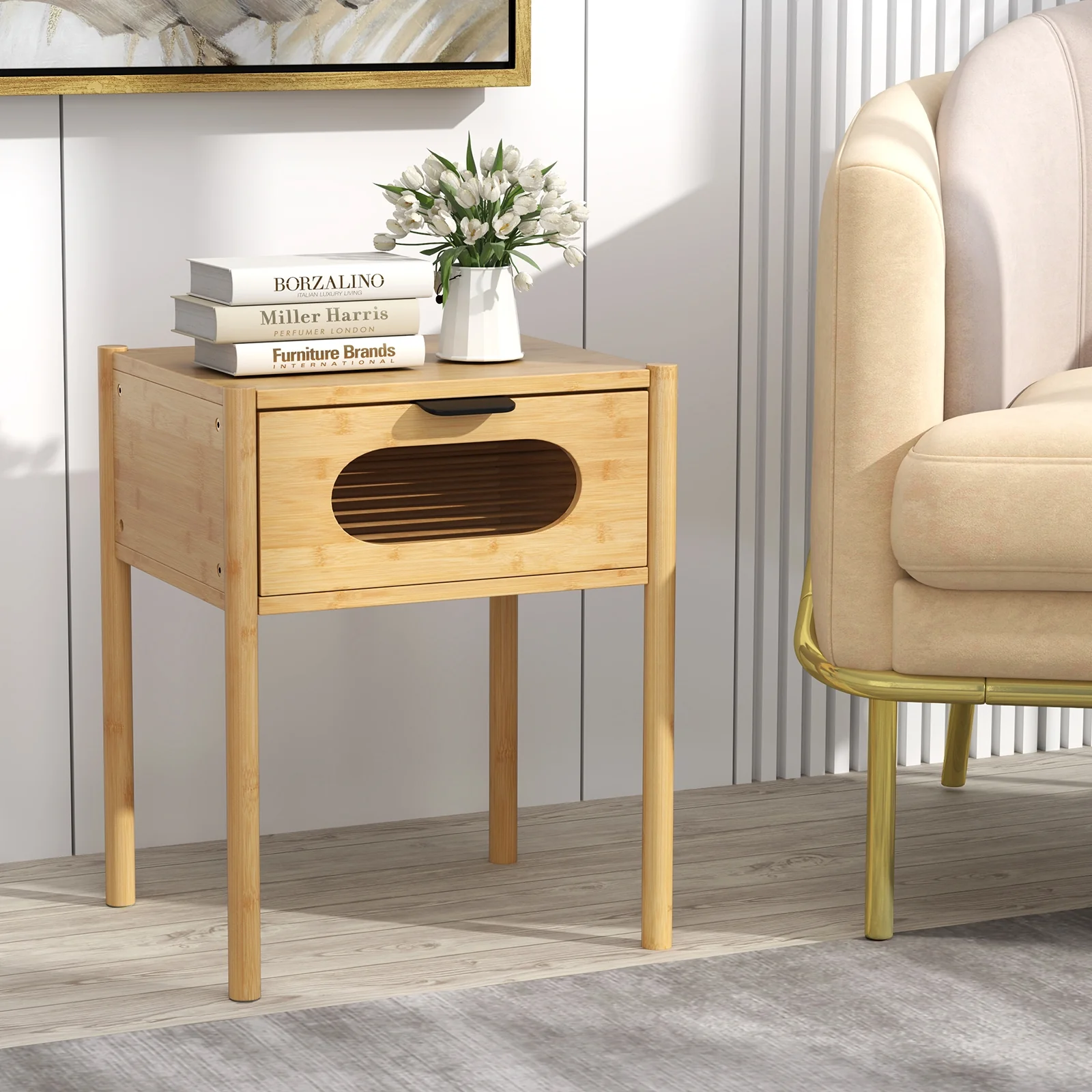 Bamboo Nightstand, Square Tall End Table, Decorated Drawer, Natural - Image 2