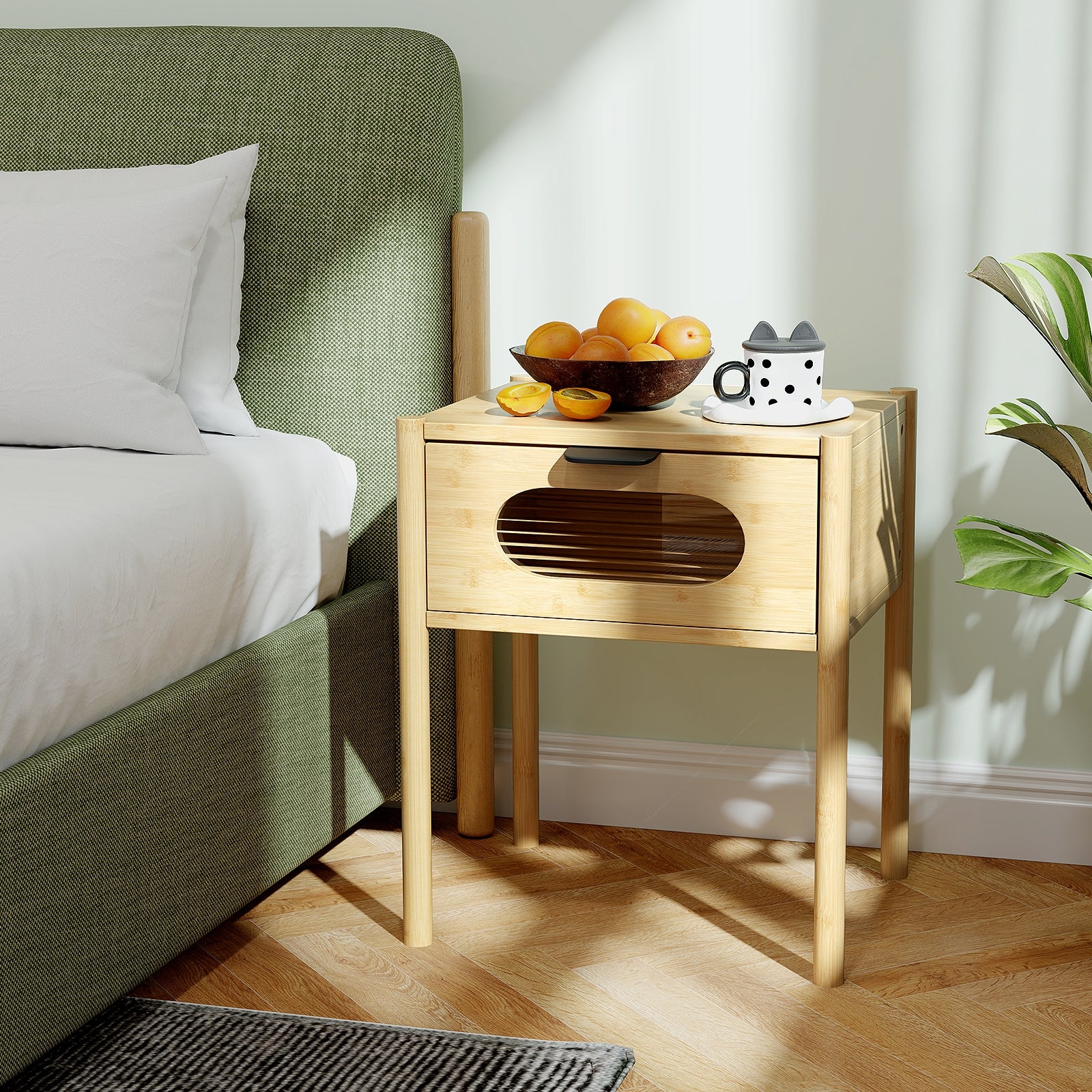 Bamboo Nightstand, Square Tall End Table, Decorated Drawer, Natural - Image 3