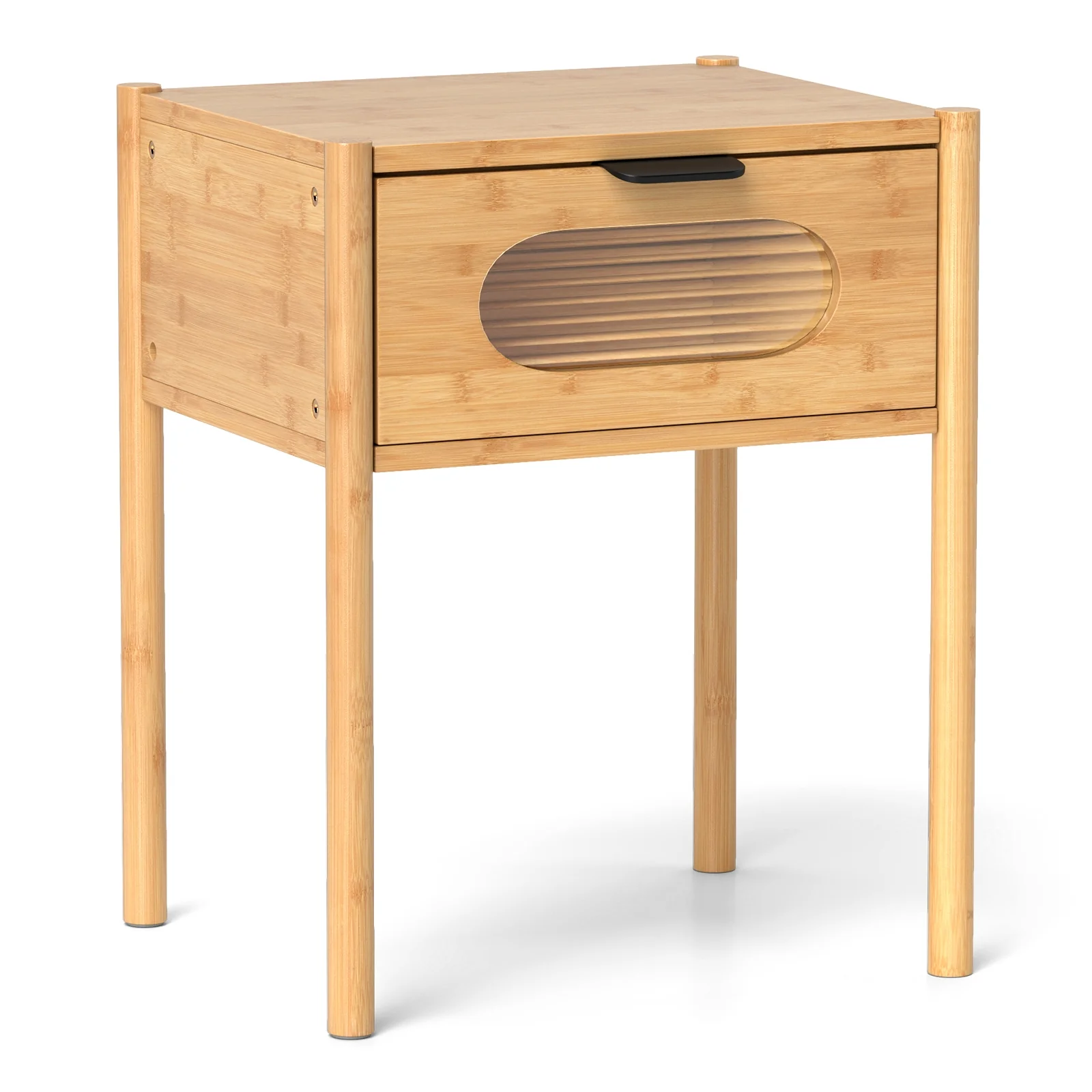 Bamboo Nightstand, Square Tall End Table, Decorated Drawer, Natural - Image 4