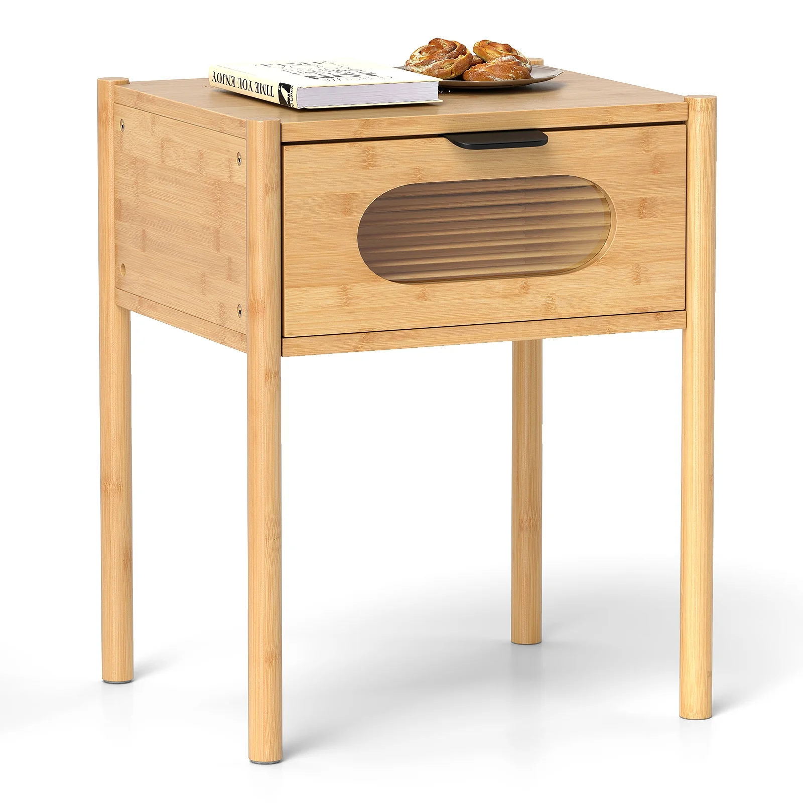 Bamboo Nightstand, Square Tall End Table, Decorated Drawer, Natural - Image 5