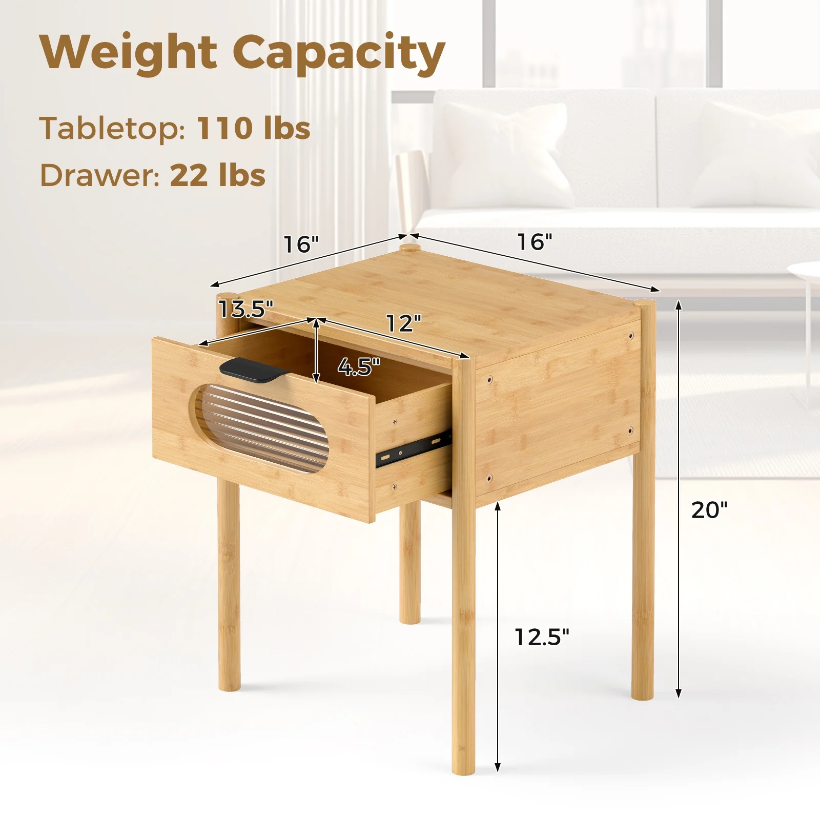 Bamboo Nightstand, Square Tall End Table, Decorated Drawer, Natural - Image 6