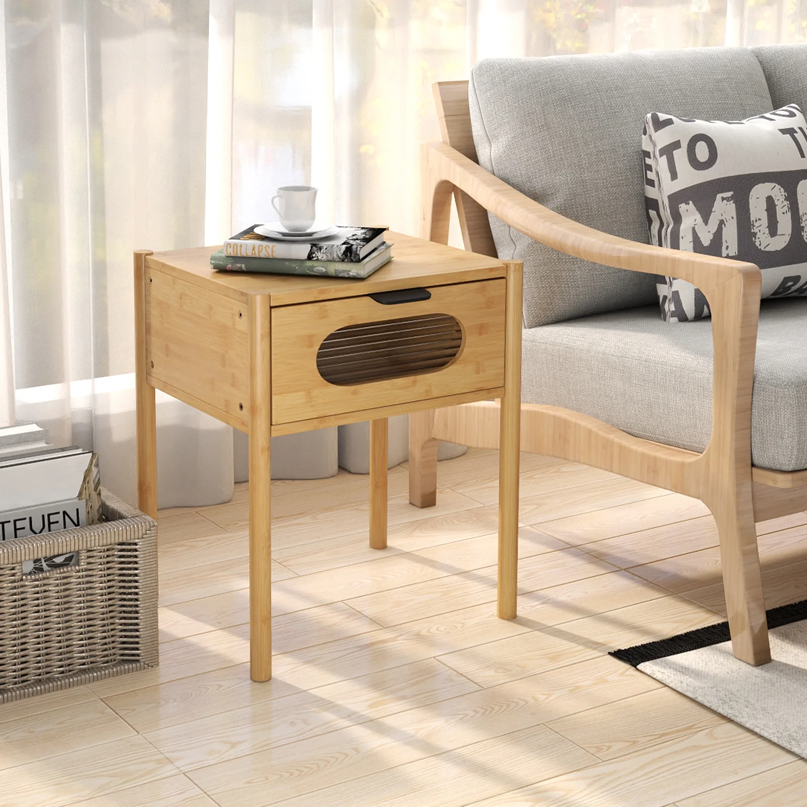 Bamboo Nightstand, Square Tall End Table, Decorated Drawer, Natural - Image 7
