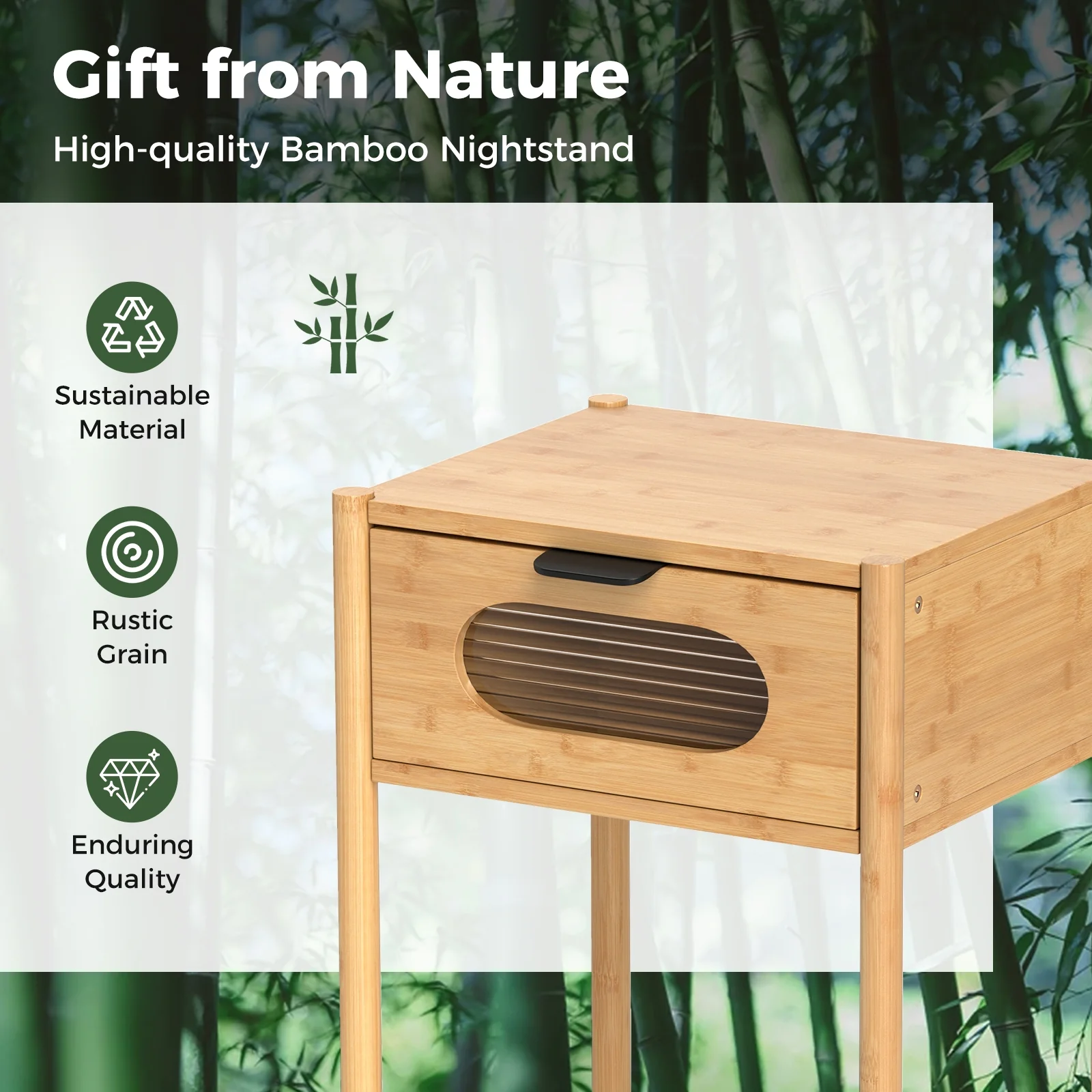 Bamboo Nightstand, Square Tall End Table, Decorated Drawer, Natural - Image 9