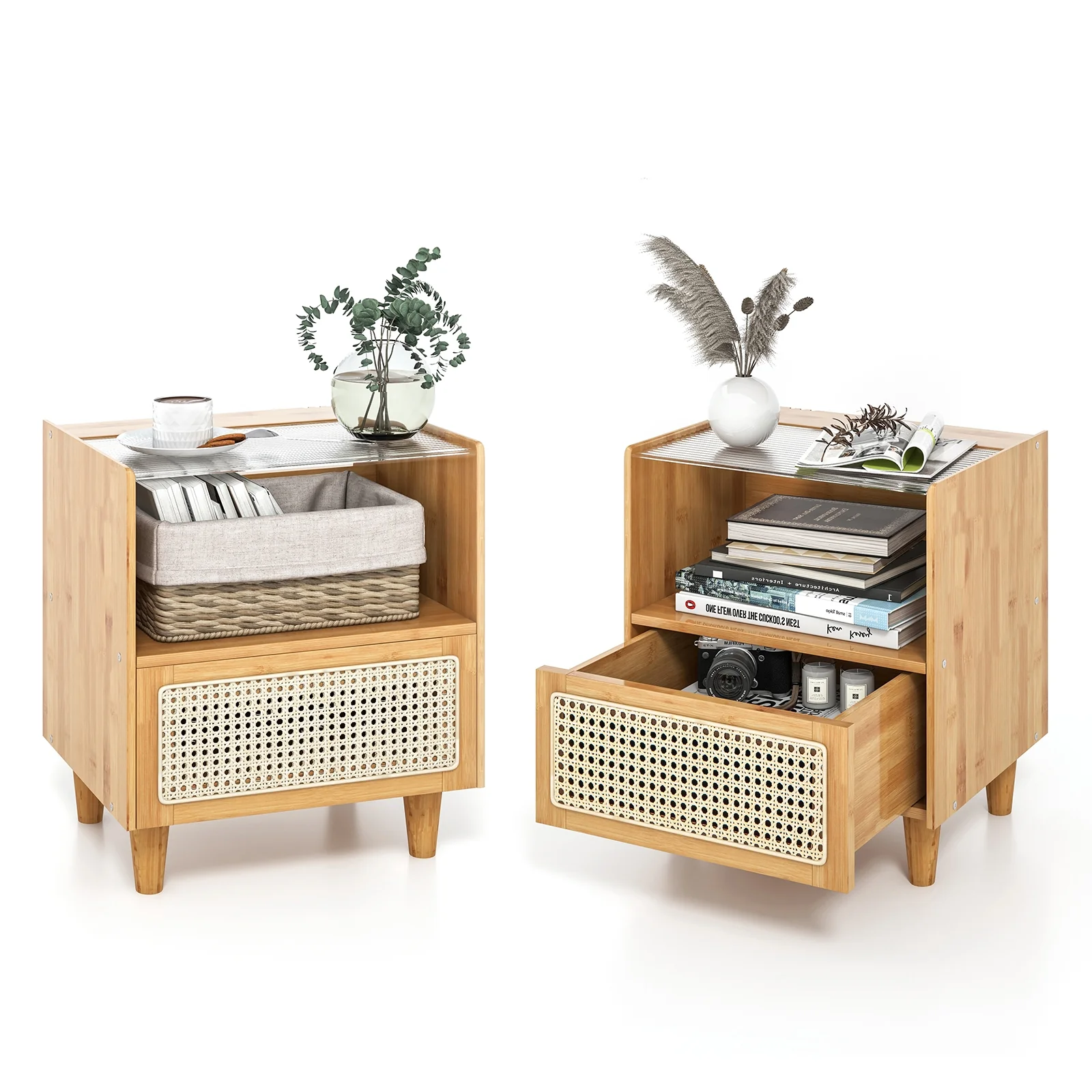 Bamboo Rattan Nightstand With Drawer, Solid Wood Legs, Natural