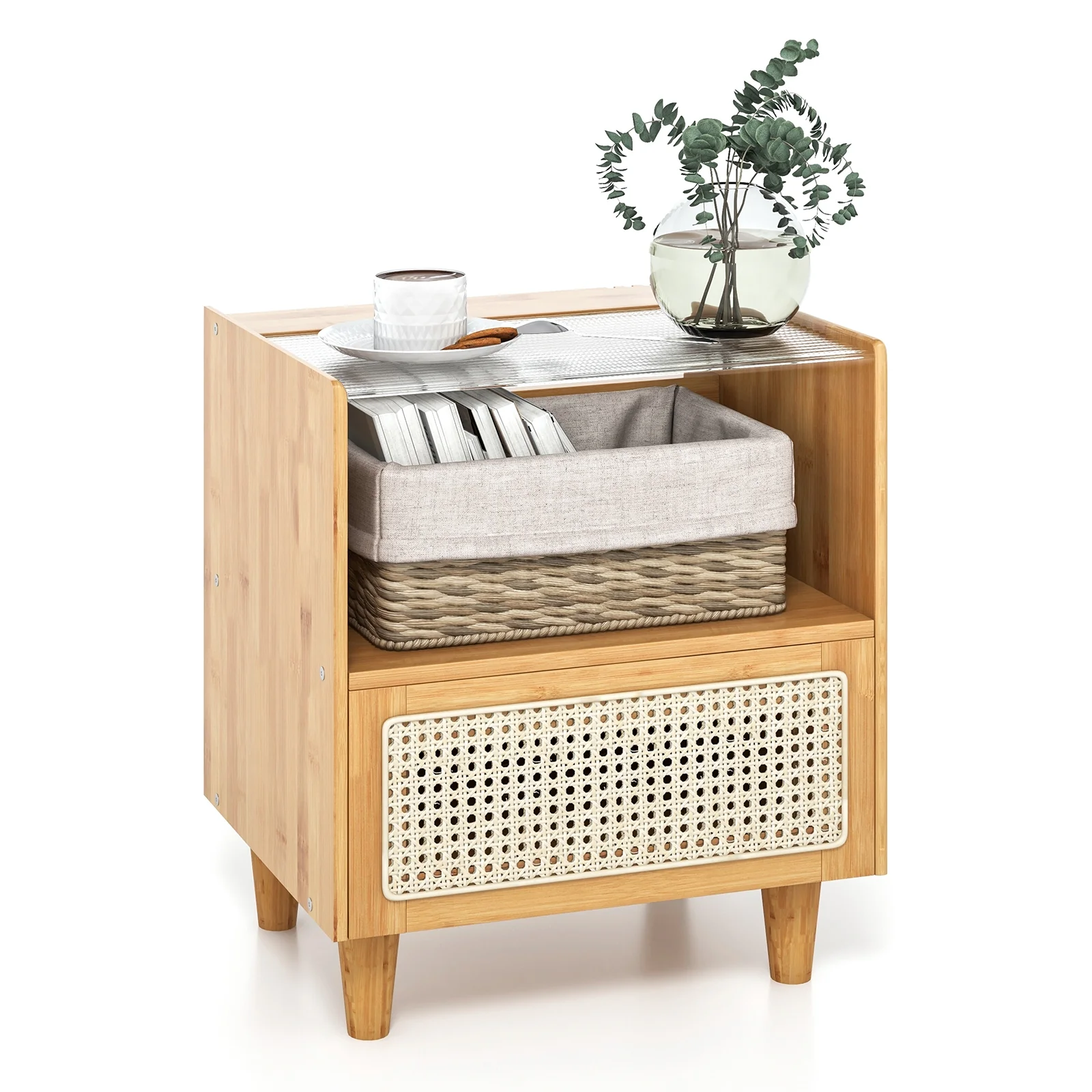Bamboo Rattan Nightstand With Drawer, Solid Wood Legs, Natural - Image 5