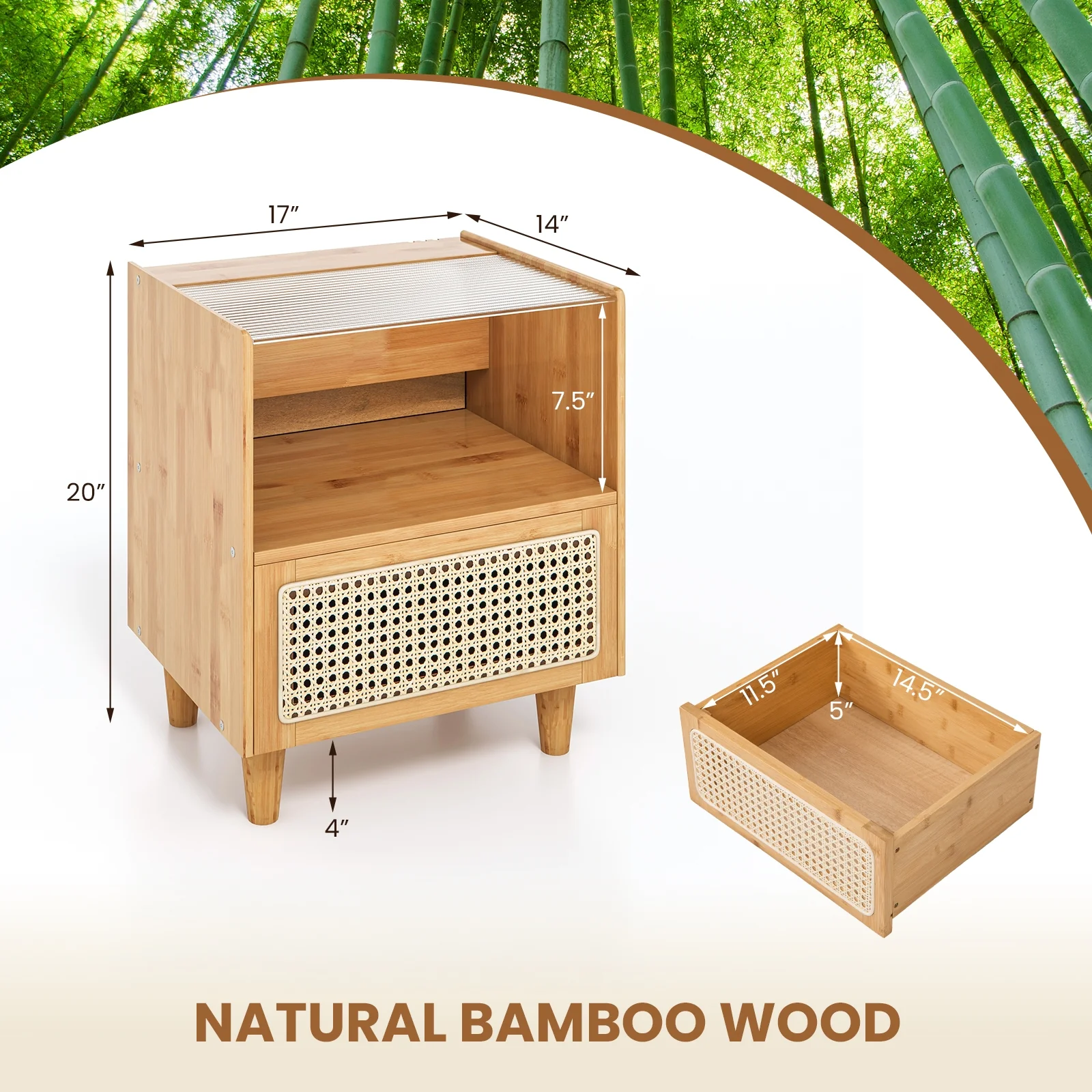 Bamboo Rattan Nightstand With Drawer, Solid Wood Legs, Natural - Image 6