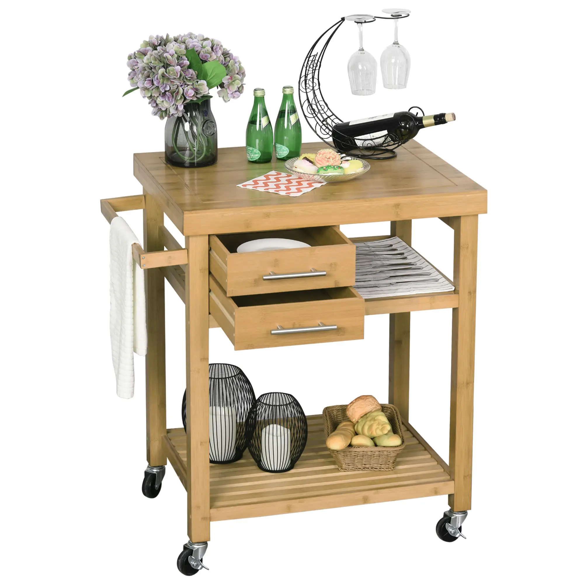 Bamboo Rolling Kitchen Island, Drawers, Shelves - Image 11
