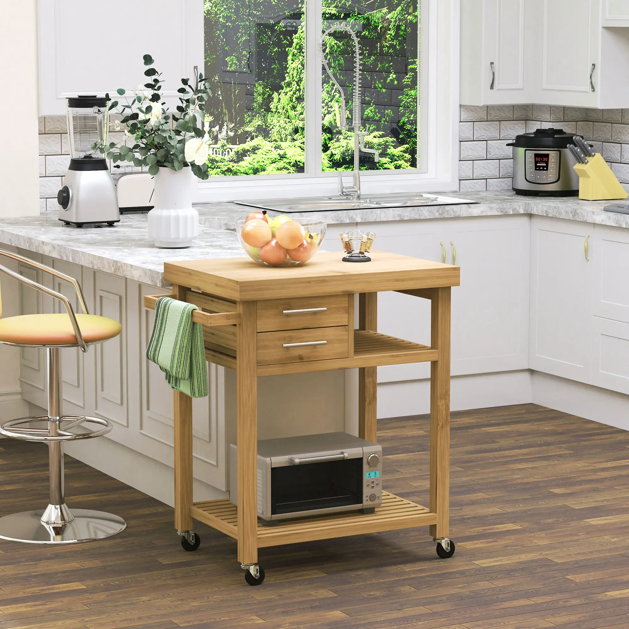 Bamboo Rolling Kitchen Island, Drawers, Shelves - Image 2