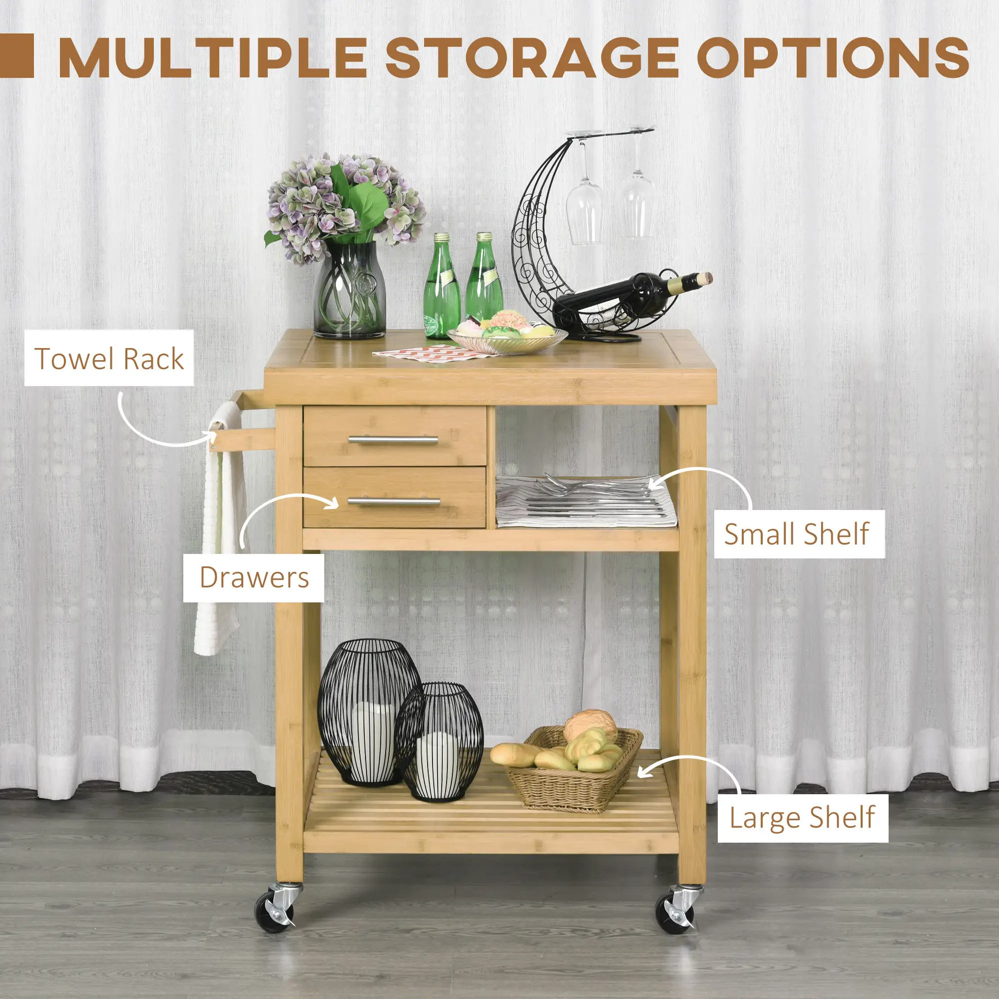 Bamboo Rolling Kitchen Island, Drawers, Shelves - Image 4