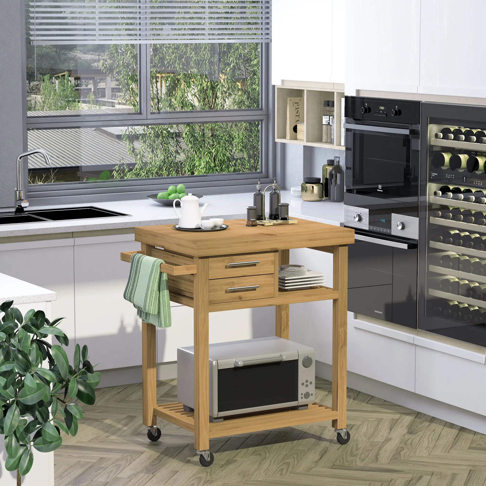 Bamboo Rolling Kitchen Island, Drawers, Shelves - Image 8