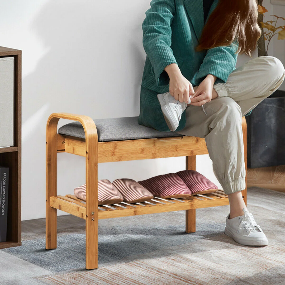 Bamboo Shoe Rack Bench With Storage Shelf, Natural - Image 2