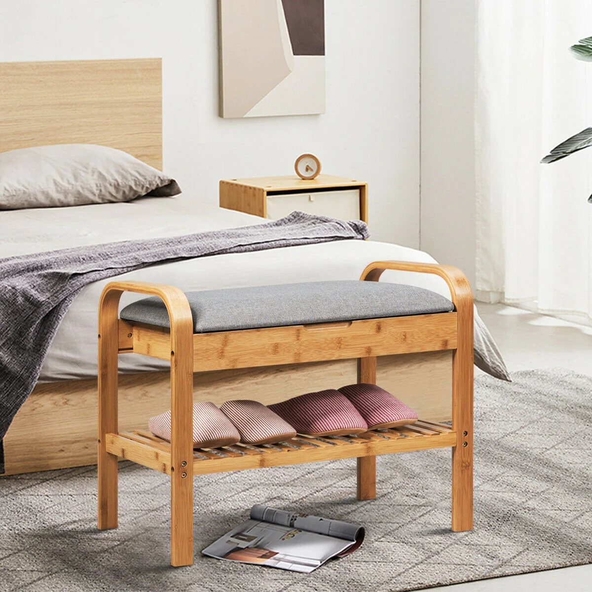 Bamboo Shoe Rack Bench With Storage Shelf, Natural - Image 3