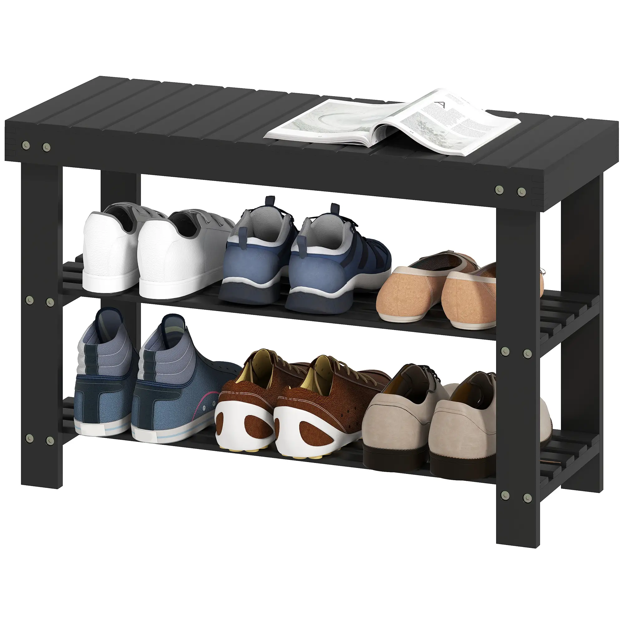 Bamboo Shoe Storage Bench, 3-Tier, 2 Shelves, Holds 6 Pairs, Black