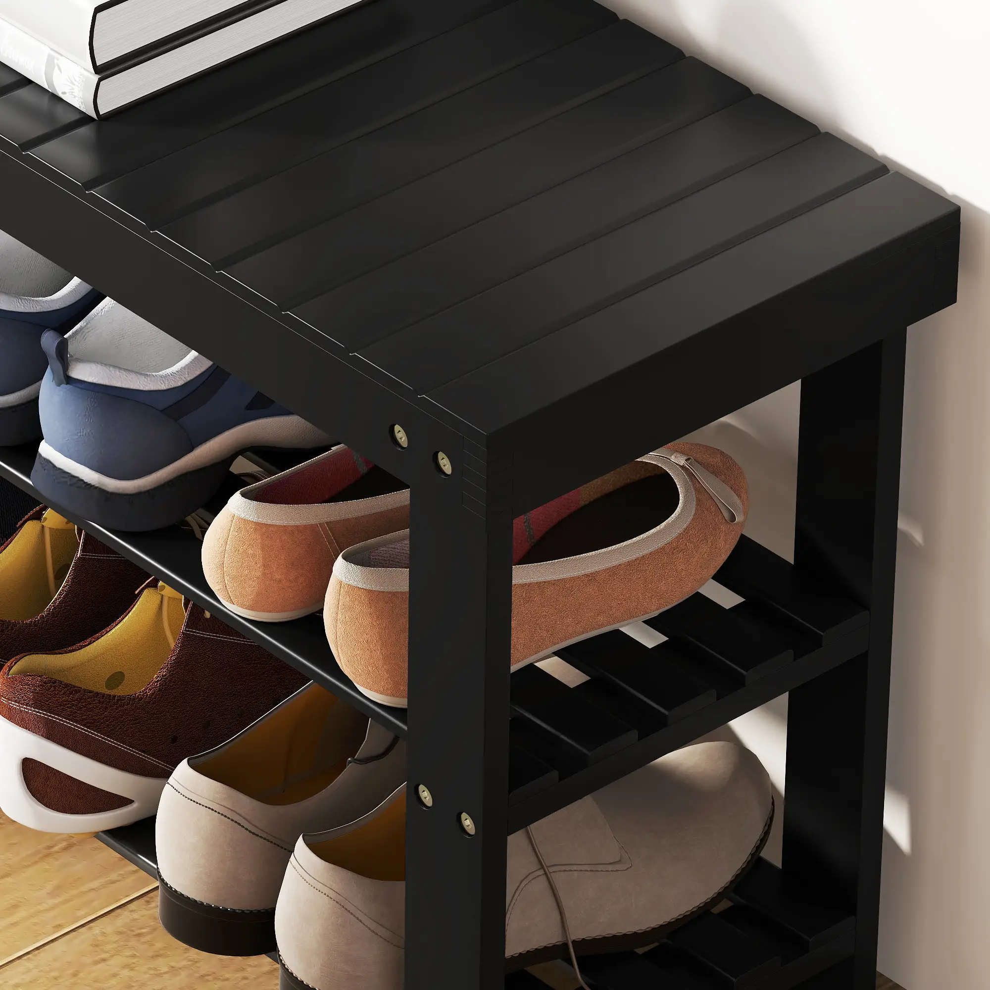 Bamboo Shoe Storage Bench, 3-Tier, 2 Shelves, Holds 6 Pairs, Black - Image 10