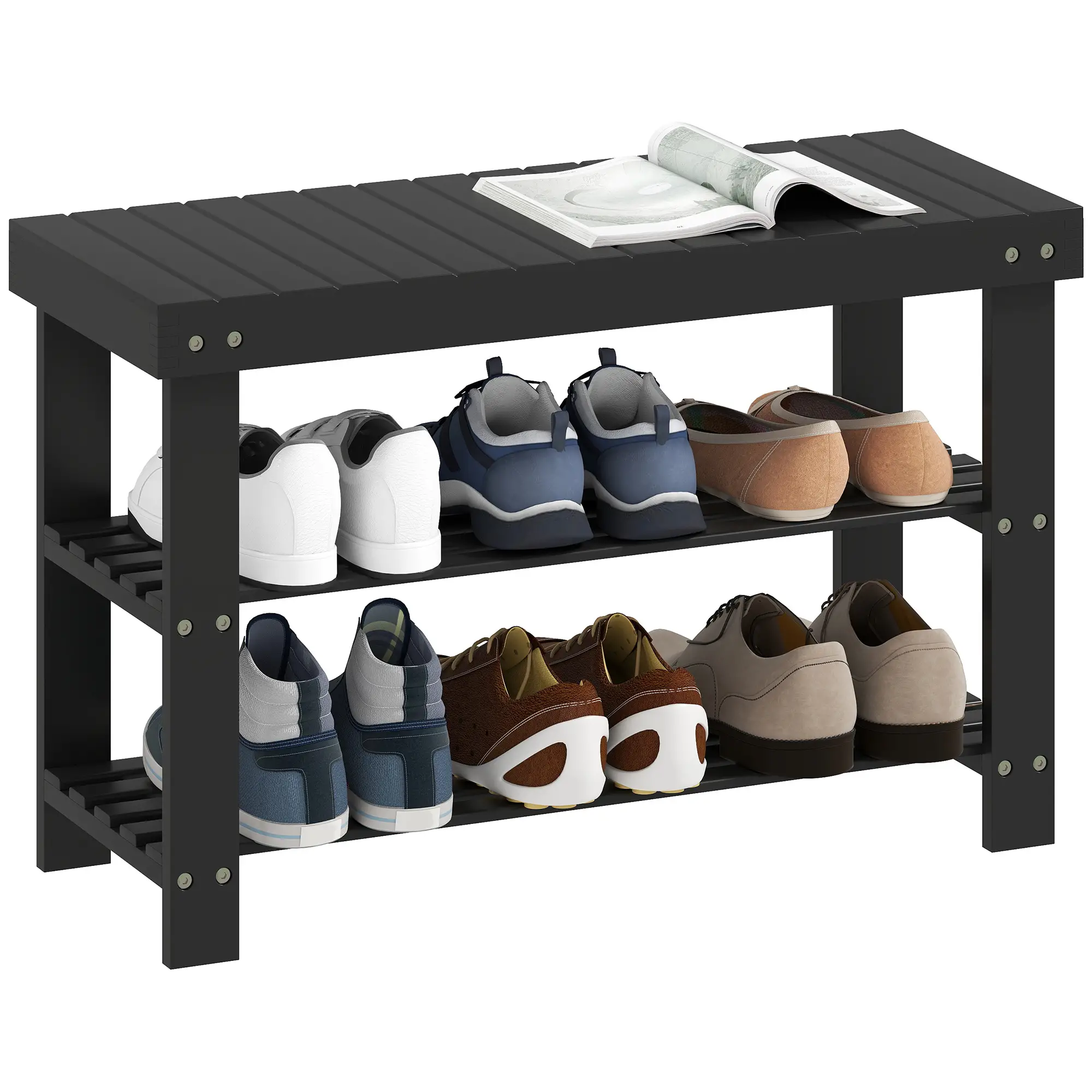 Bamboo Shoe Storage Bench, 3-Tier, 2 Shelves, Holds 6 Pairs, Black - Image 11