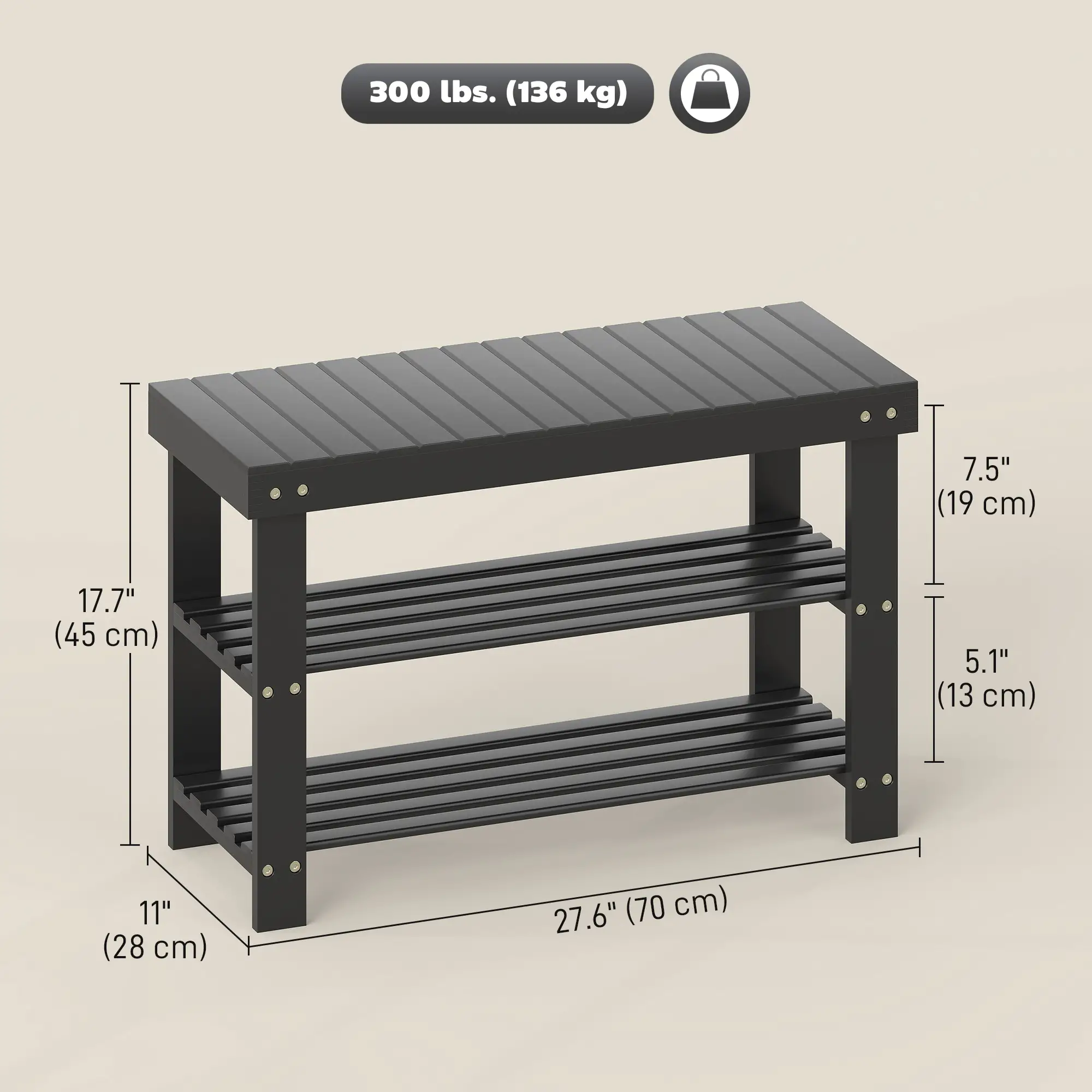 Bamboo Shoe Storage Bench, 3-Tier, 2 Shelves, Holds 6 Pairs, Black - Image 3