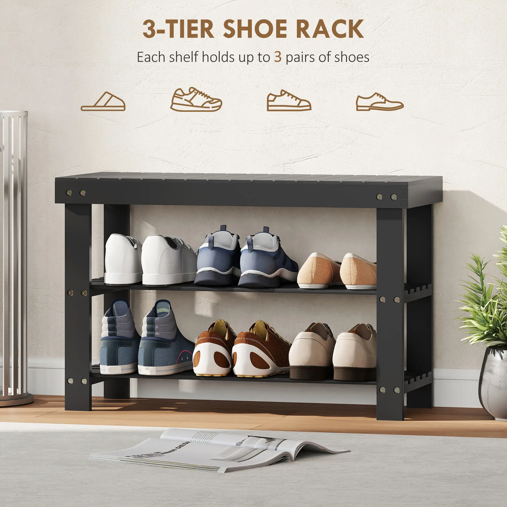 Bamboo Shoe Storage Bench, 3-Tier, 2 Shelves, Holds 6 Pairs, Black - Image 4