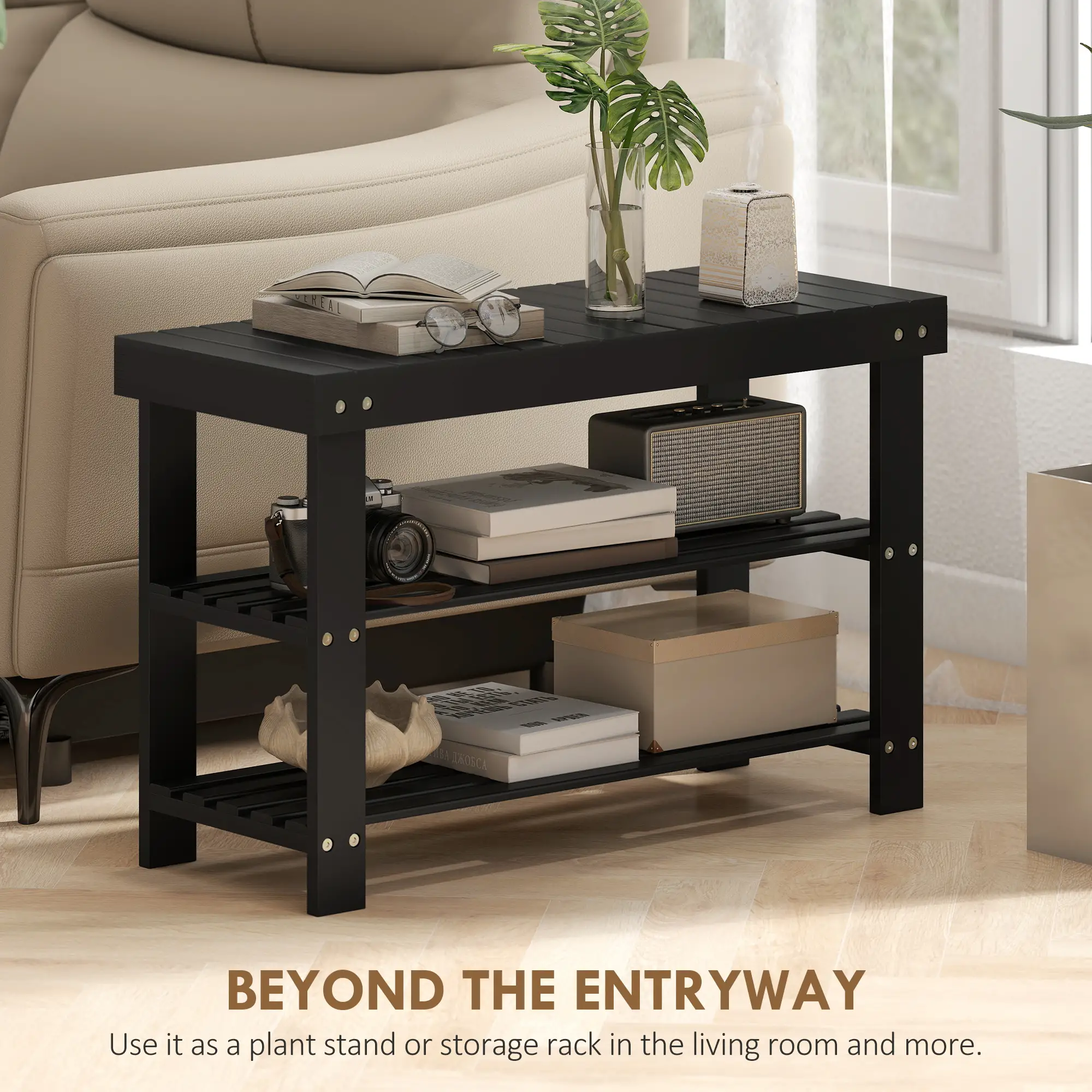 Bamboo Shoe Storage Bench, 3-Tier, 2 Shelves, Holds 6 Pairs, Black - Image 6