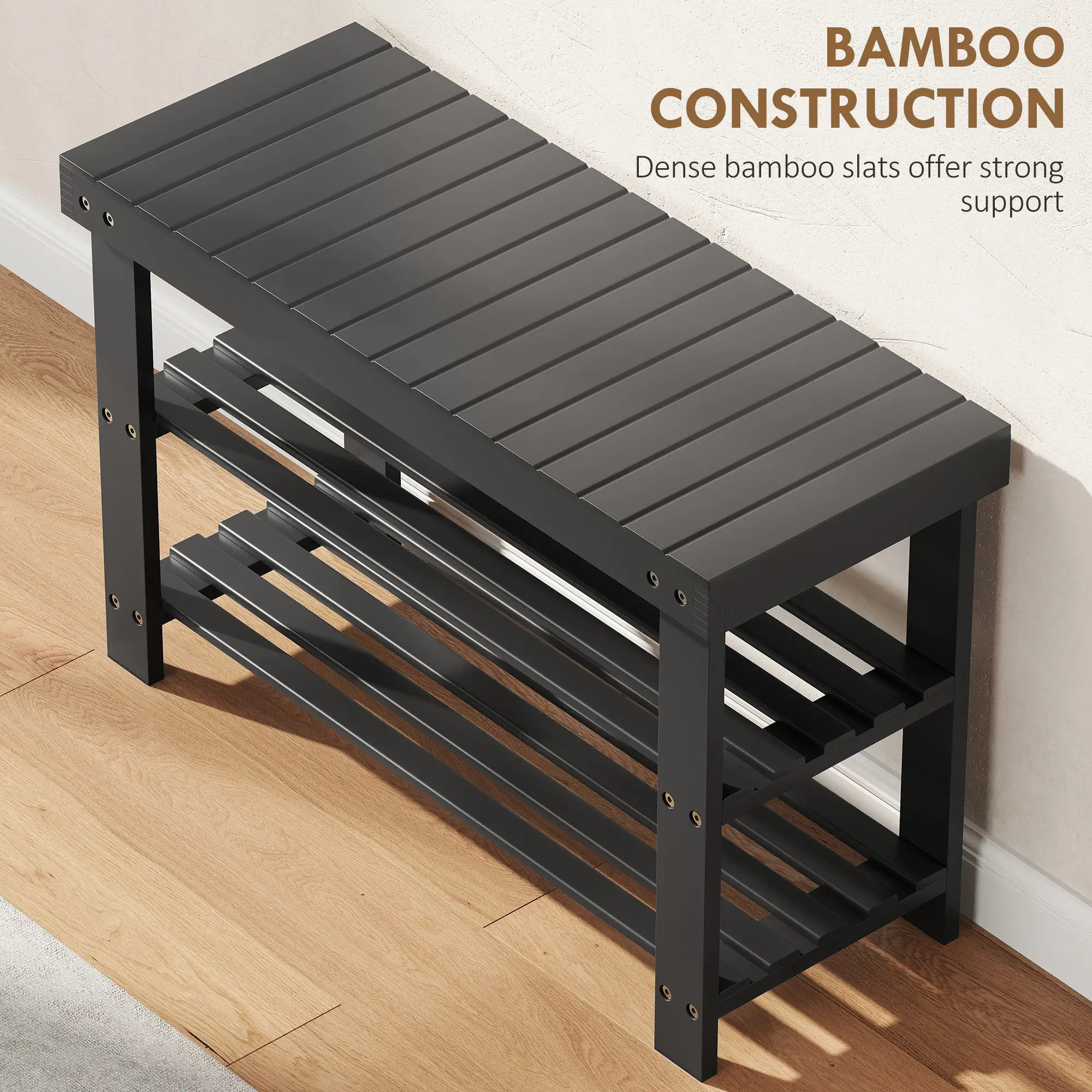 Bamboo Shoe Storage Bench, 3-Tier, 2 Shelves, Holds 6 Pairs, Black - Image 7