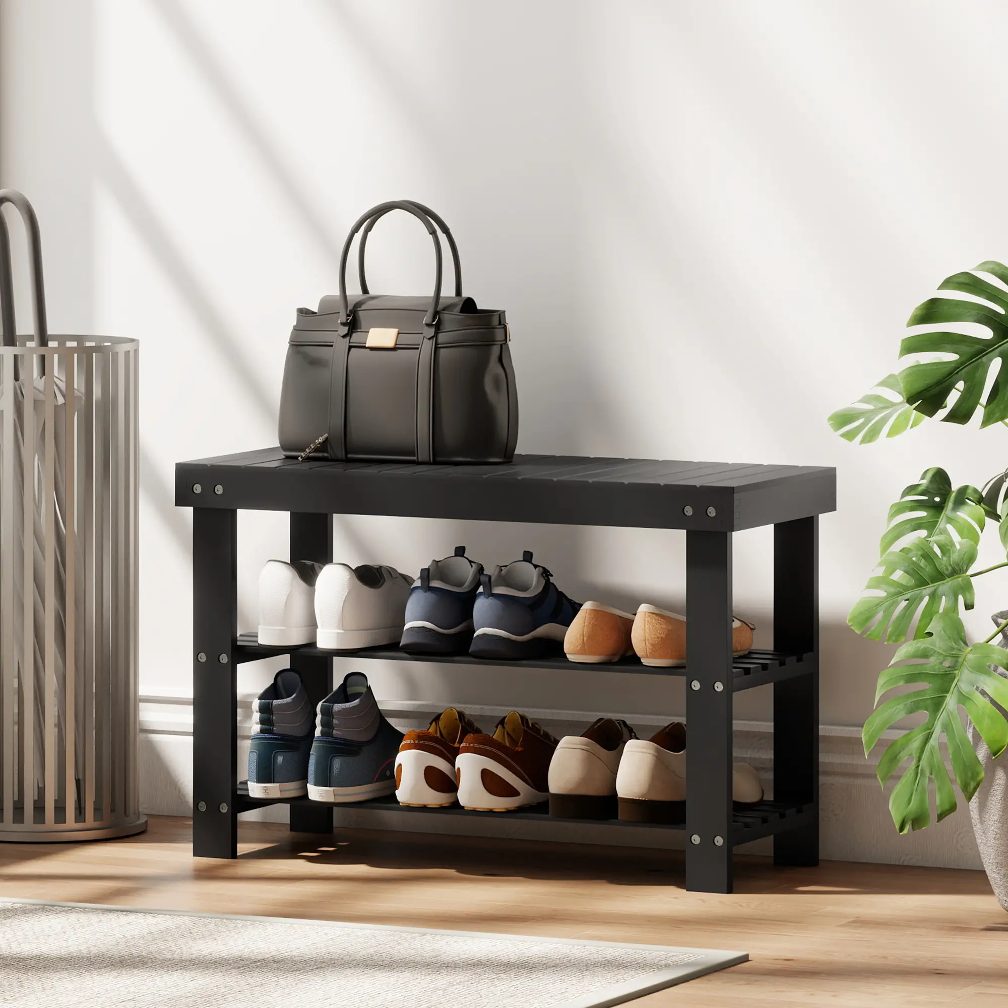 Bamboo Shoe Storage Bench, 3-Tier, 2 Shelves, Holds 6 Pairs, Black - Image 8