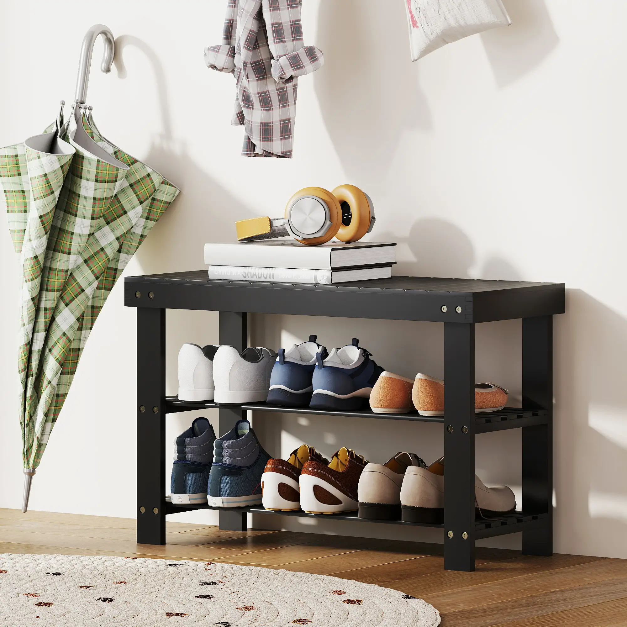 Bamboo Shoe Storage Bench, 3-Tier, 2 Shelves, Holds 6 Pairs, Black - Image 9