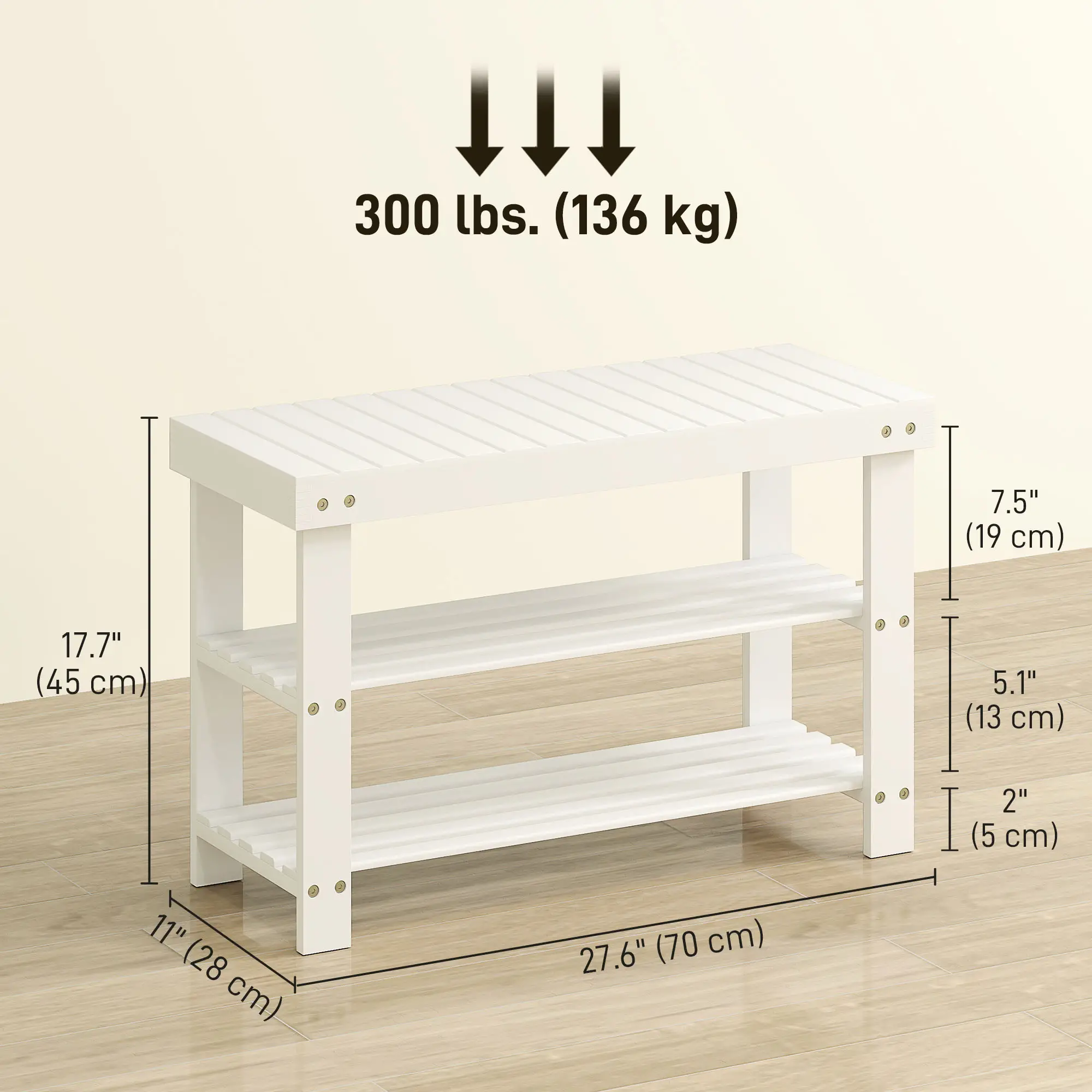 Bamboo Shoe Storage Bench, 3-Tier, 2 Shelves, Holds 6 Pairs, White - Image 3