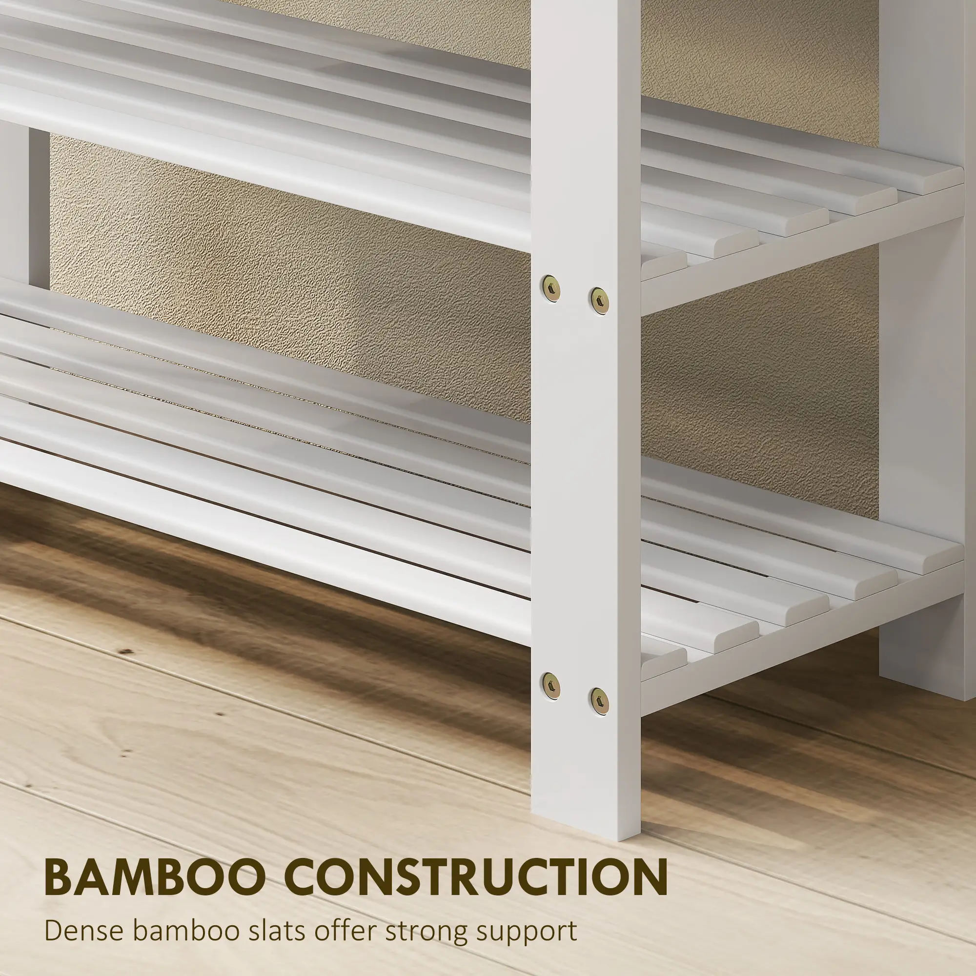 Bamboo Shoe Storage Bench, 3-Tier, 2 Shelves, Holds 6 Pairs, White - Image 7
