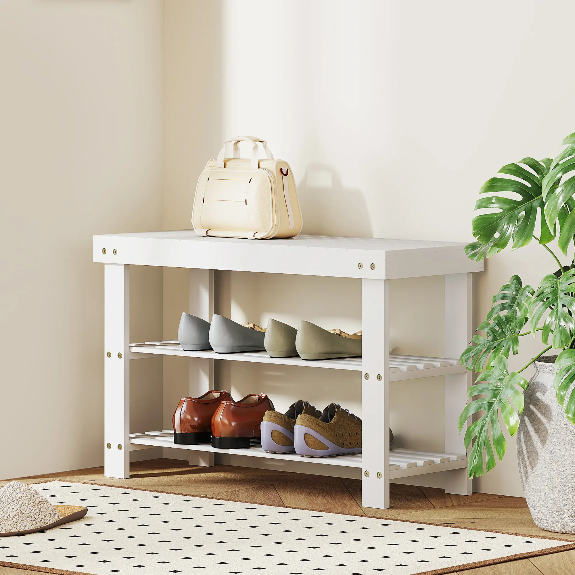 Bamboo Shoe Storage Bench, 3-Tier, 2 Shelves, Holds 6 Pairs, White - Image 8