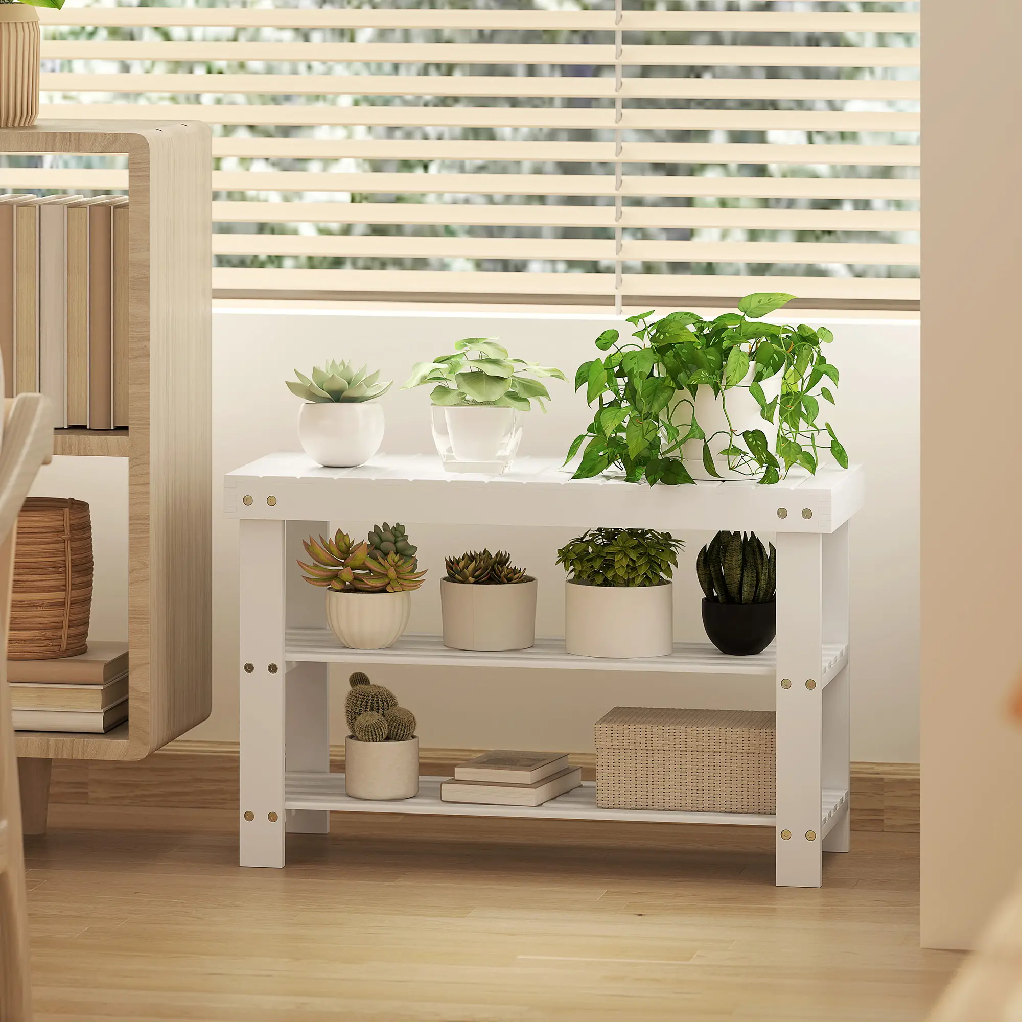 Bamboo Shoe Storage Bench, 3-Tier, 2 Shelves, Holds 6 Pairs, White - Image 9