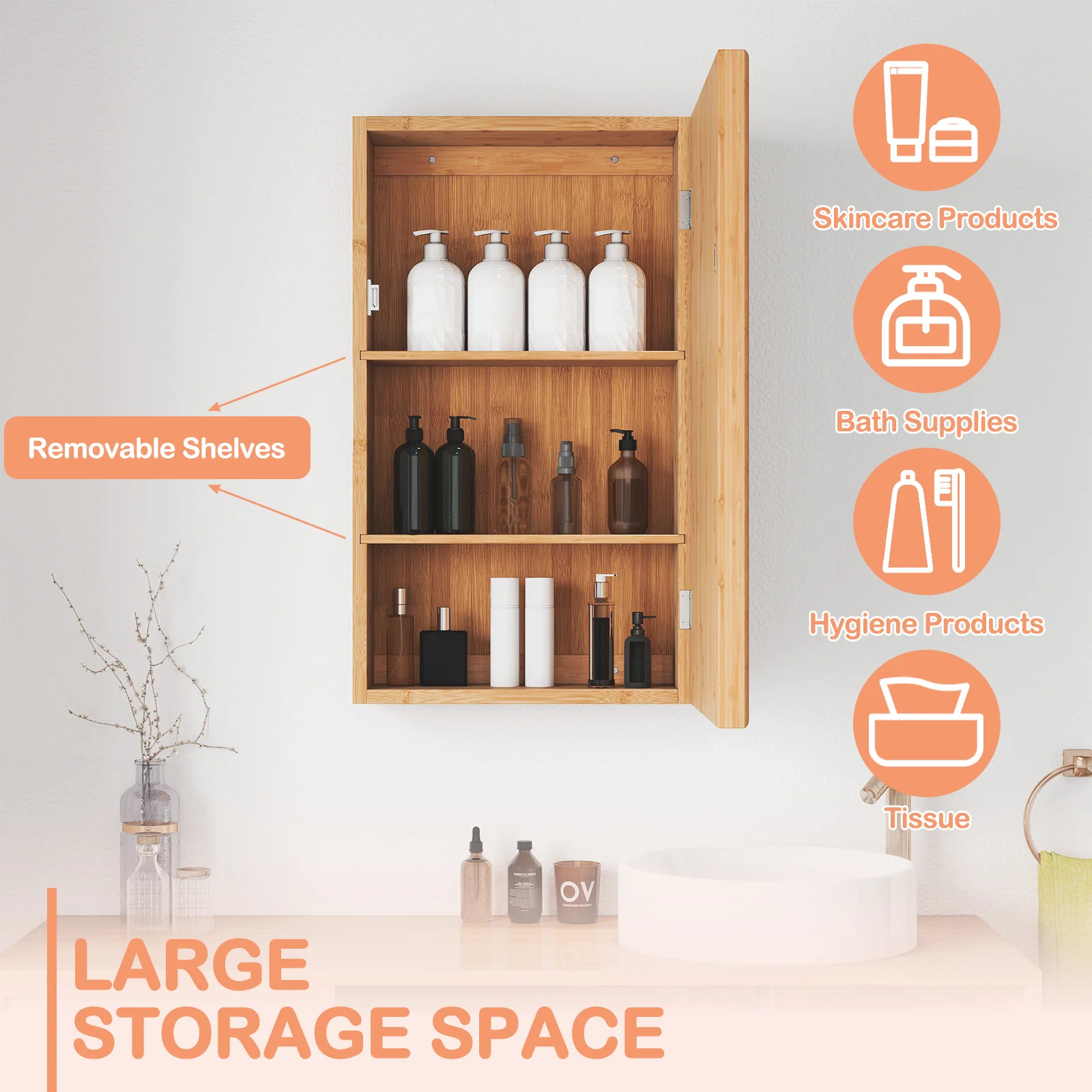 Bamboo Small Medicine Cabinet with Mirror Door and Removable Shelves, Natural - Image 10