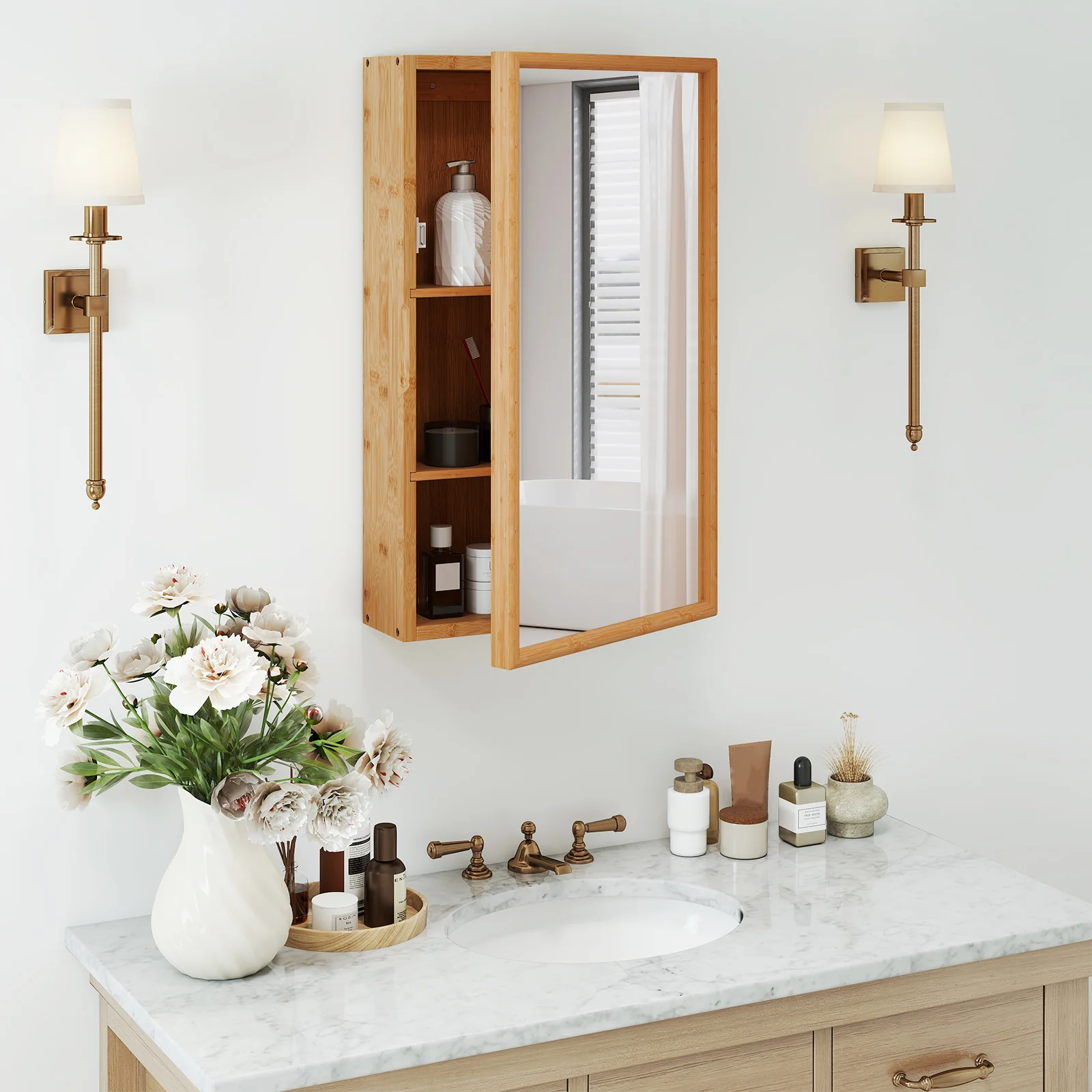 Bamboo Small Medicine Cabinet with Mirror Door and Removable Shelves, Natural - Image 2