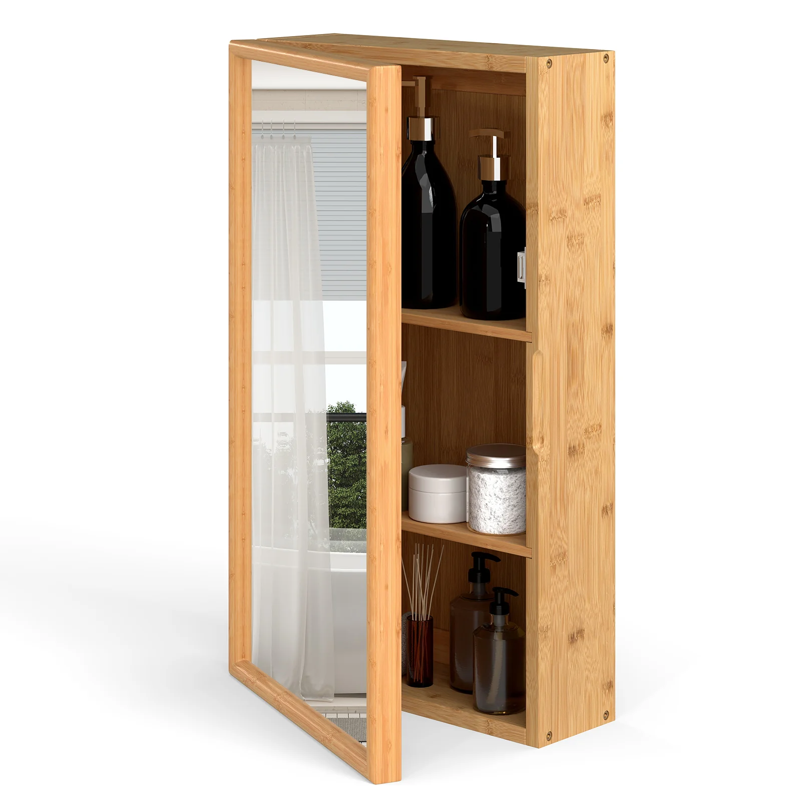 Bamboo Small Medicine Cabinet with Mirror Door and Removable Shelves, Natural - Image 5