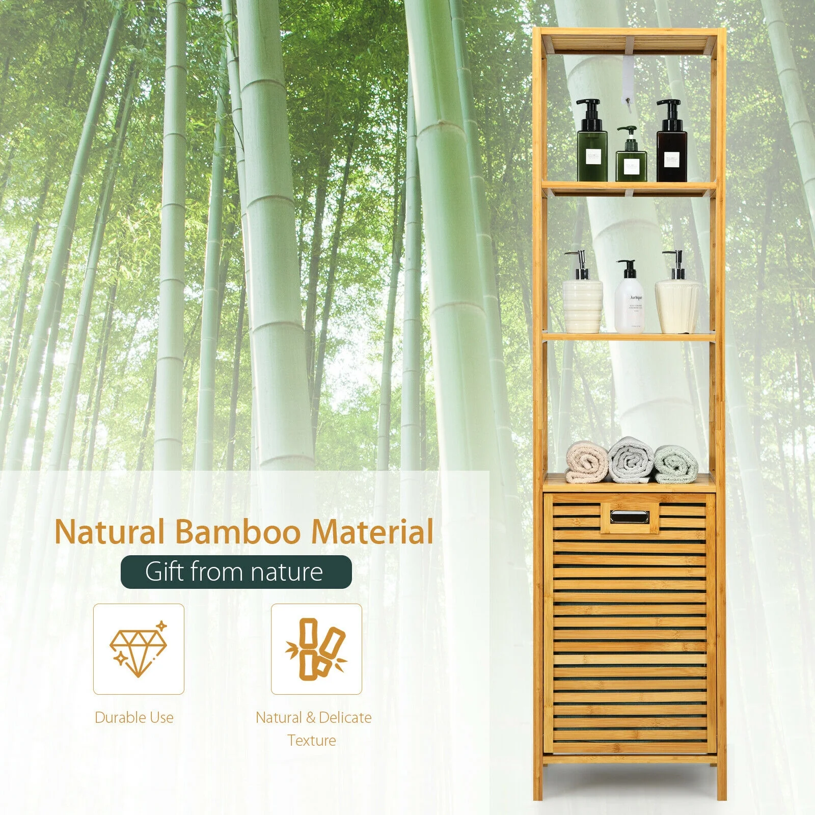 Bamboo Tower Hamper Organizer with 3-Tier Storage Shelves, Natural - Image 10