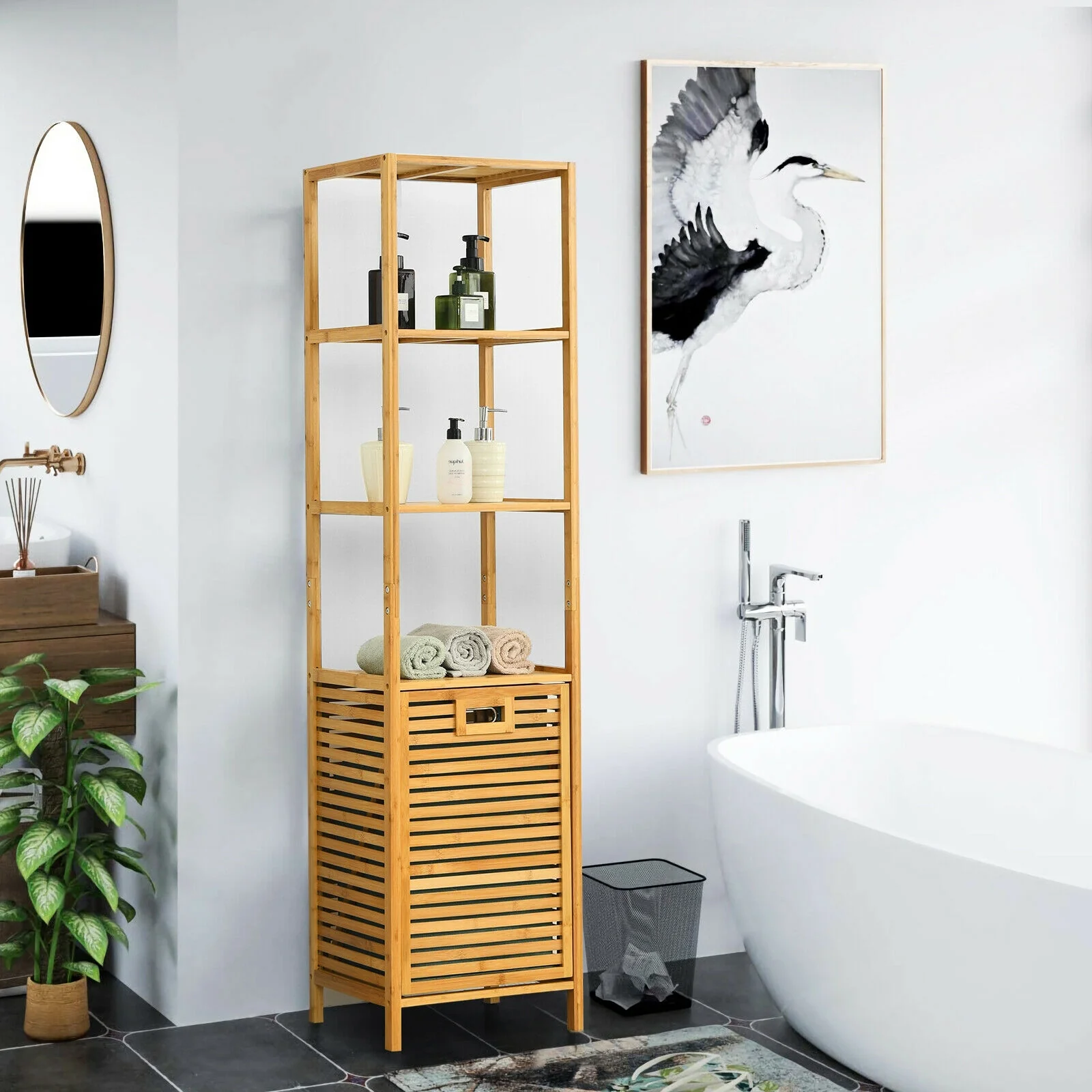 Bamboo Tower Hamper Organizer with 3-Tier Storage Shelves, Natural - Image 2