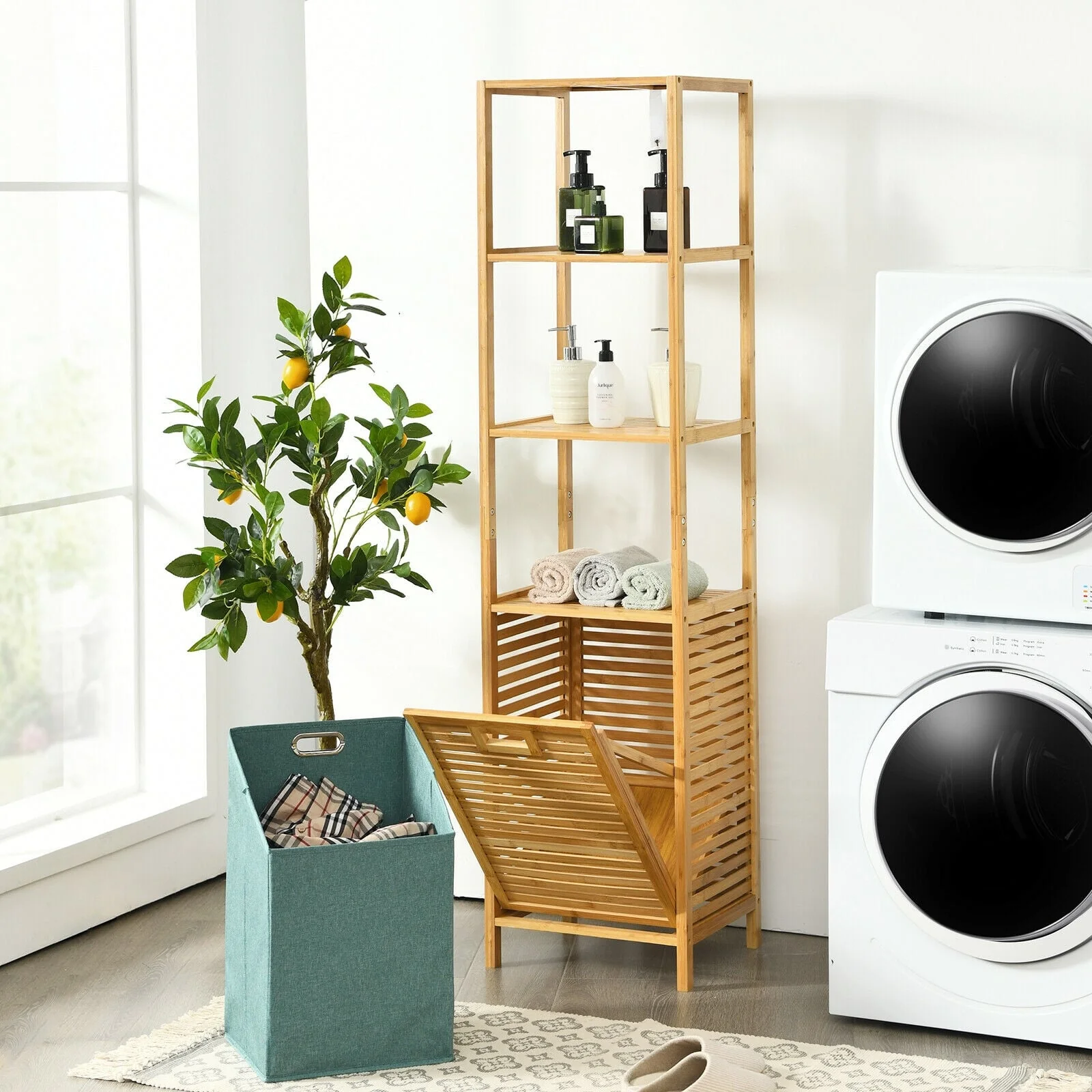 Bamboo Tower Hamper Organizer with 3-Tier Storage Shelves, Natural - Image 3