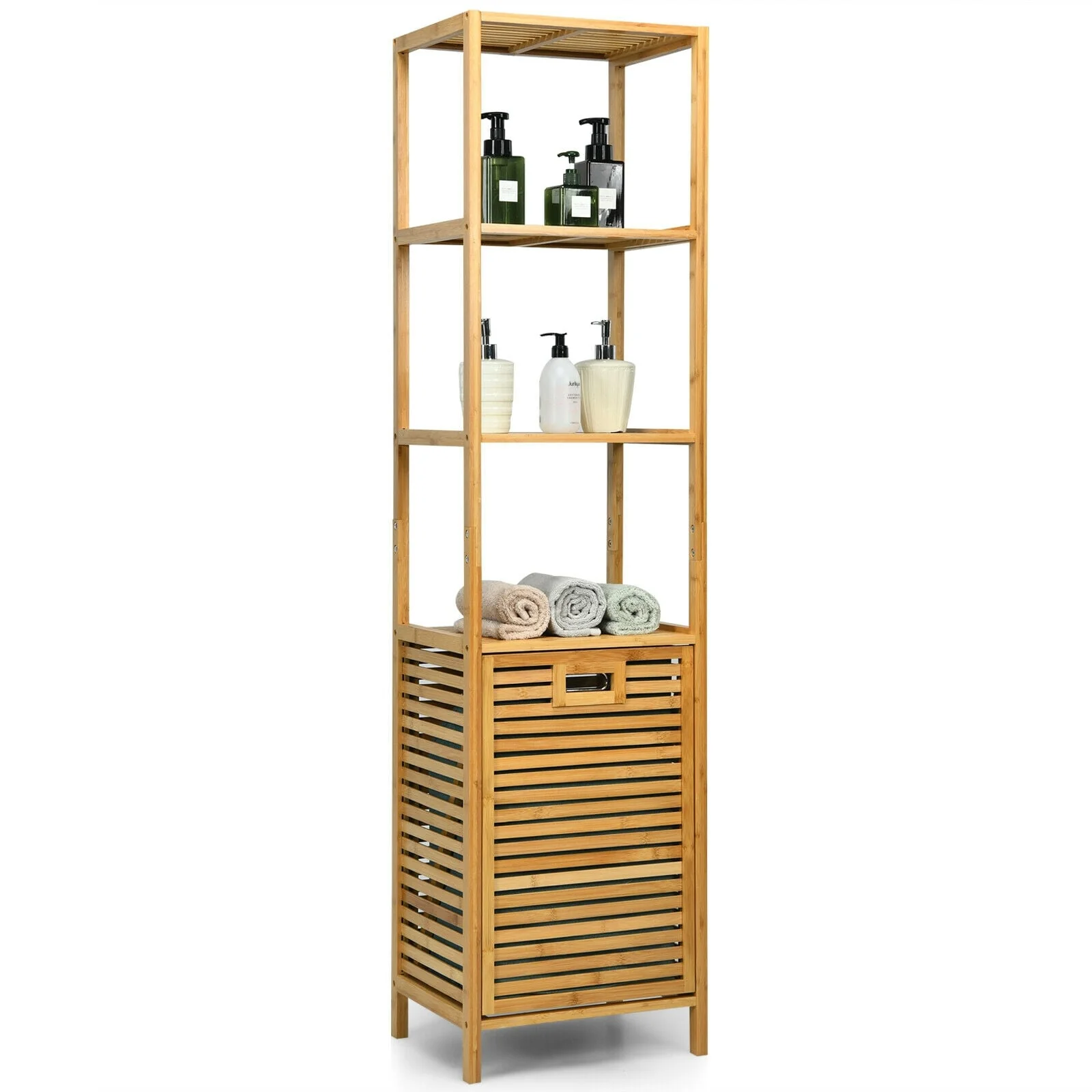 Bamboo Tower Hamper Organizer with 3-Tier Storage Shelves, Natural - Image 4