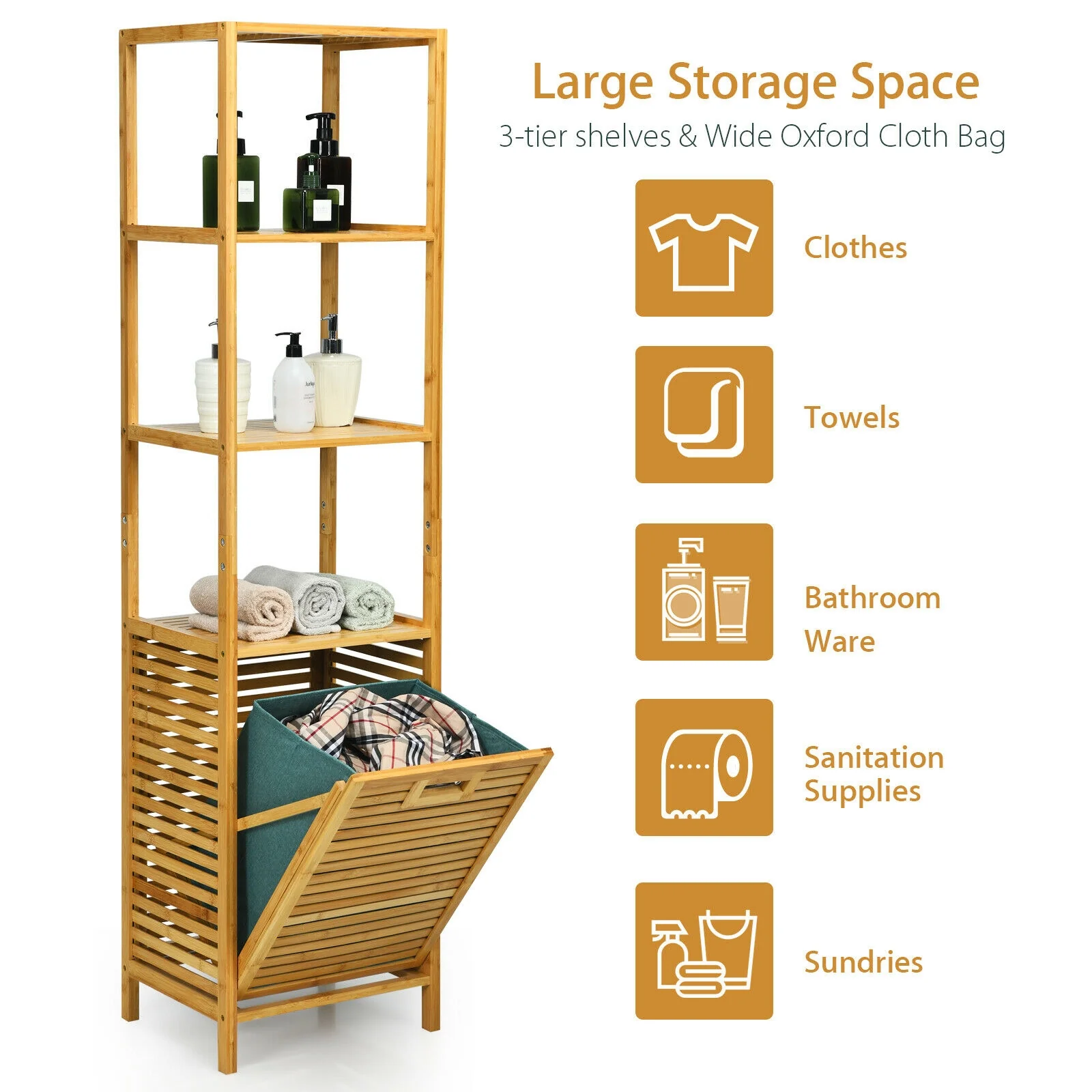 Bamboo Tower Hamper Organizer with 3-Tier Storage Shelves, Natural - Image 6