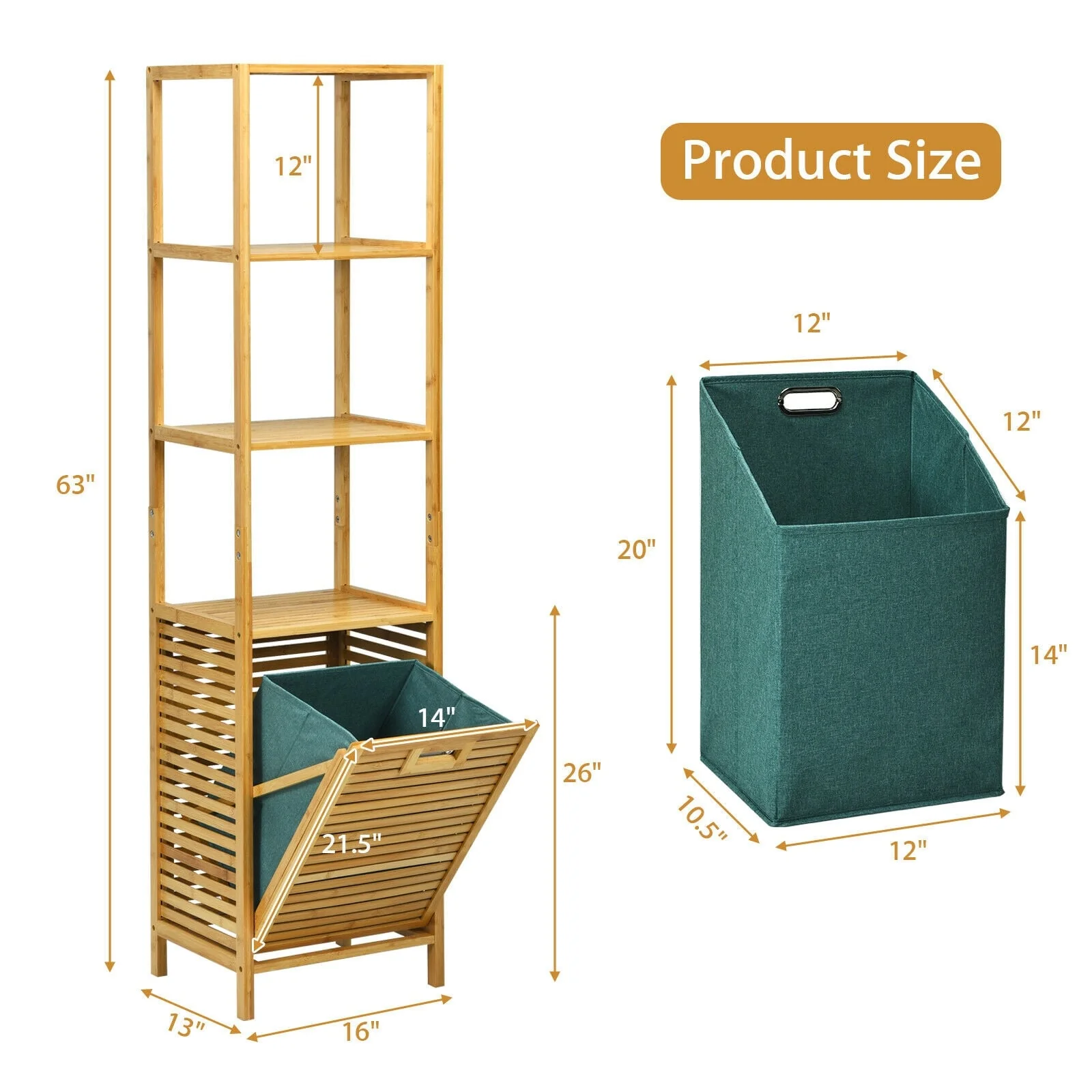 Bamboo Tower Hamper Organizer with 3-Tier Storage Shelves, Natural - Image 7