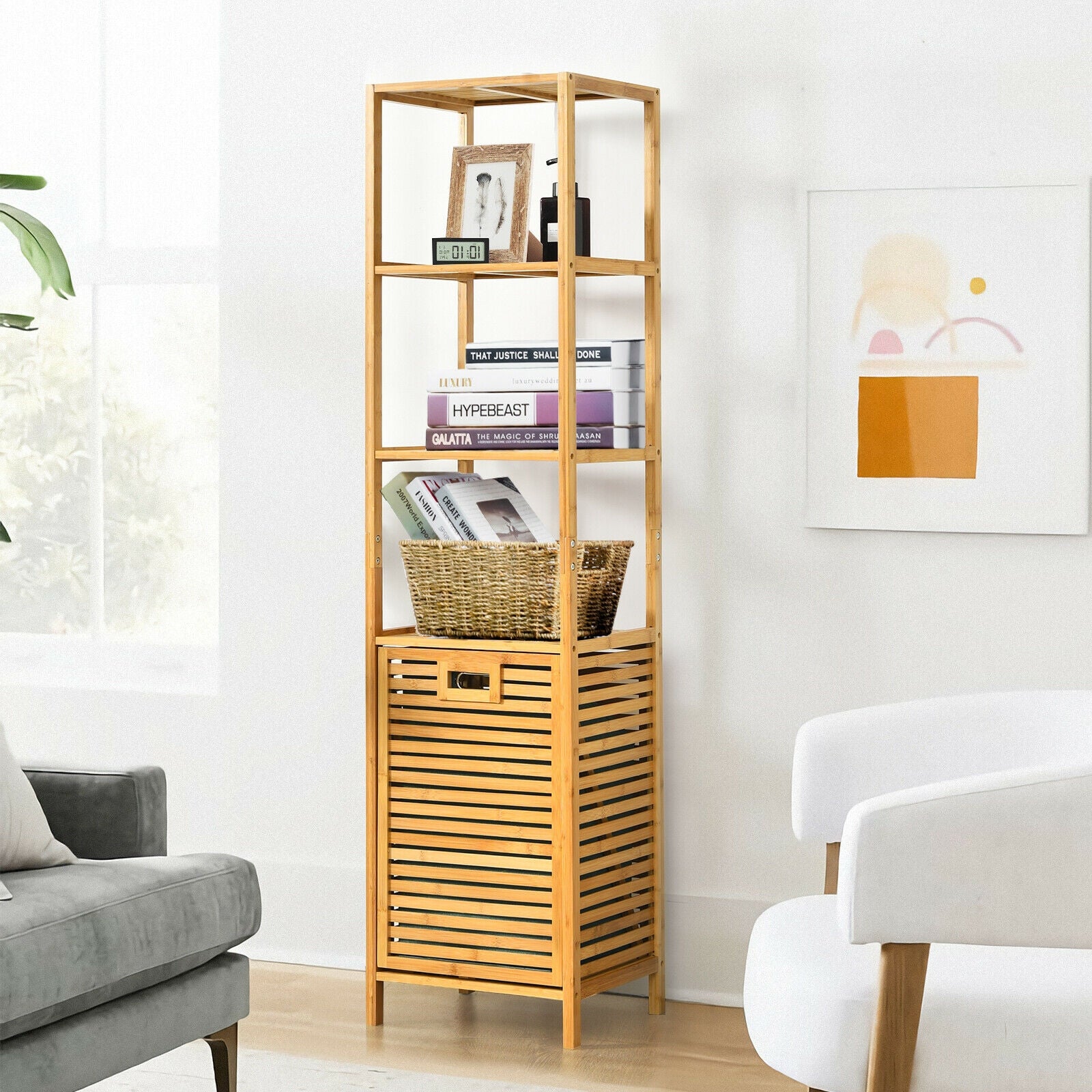 Bamboo Tower Hamper Organizer with 3-Tier Storage Shelves, Natural - Image 8