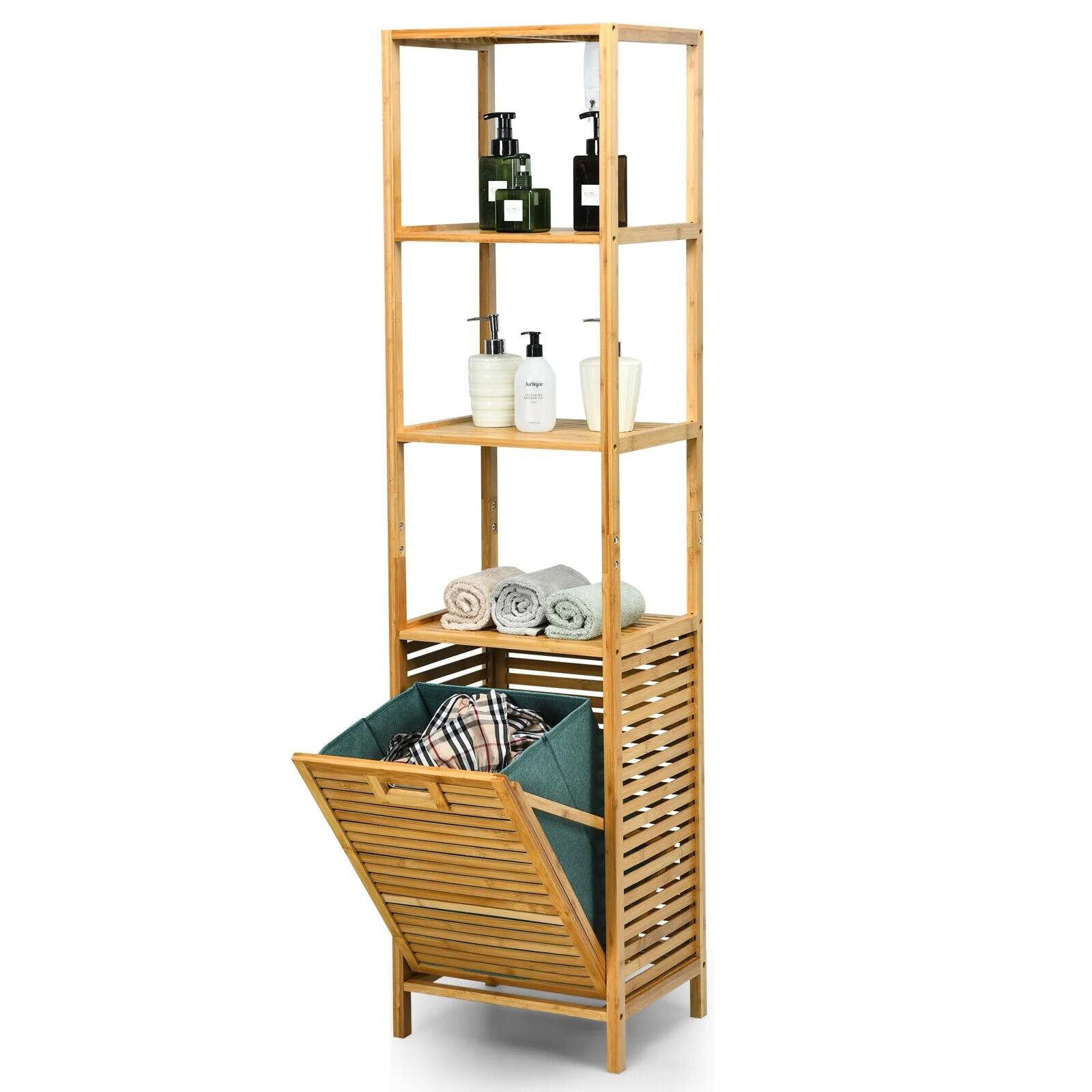 Bamboo Tower Hamper Organizer with 3-Tier Storage Shelves, Natural - Image 9