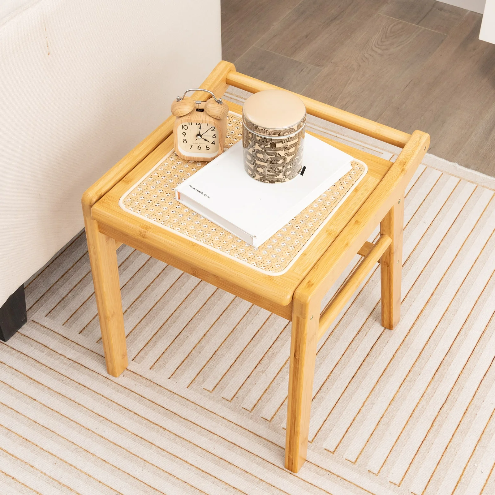Bamboo Vanity Stool With Rattan Top, Natural - Image 2