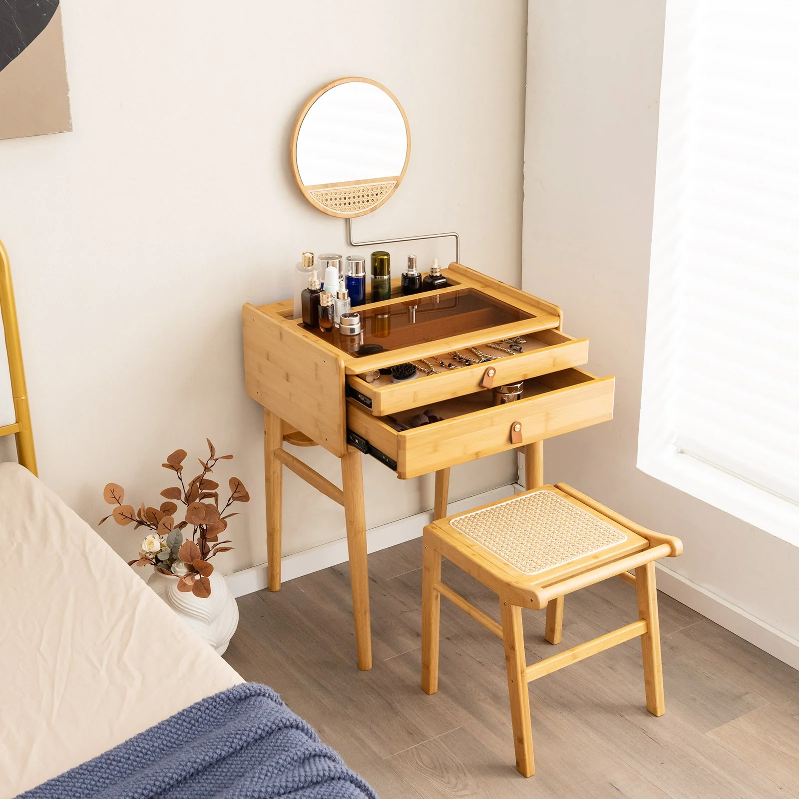 Bamboo Vanity Stool With Rattan Top, Natural - Image 3