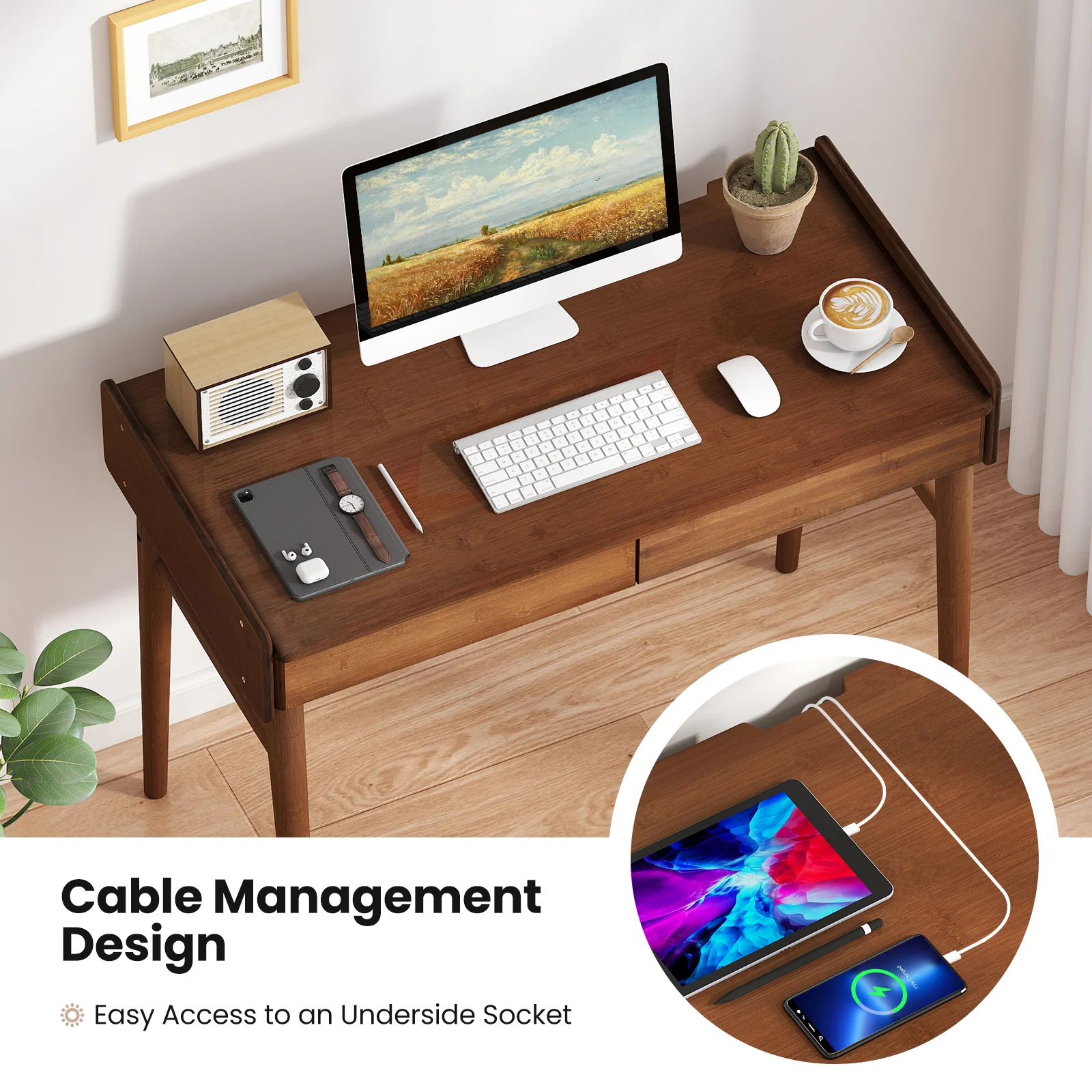 Bamboo Writing Desk With 2 Drawers, Open Shelf, Walnut - Image 10