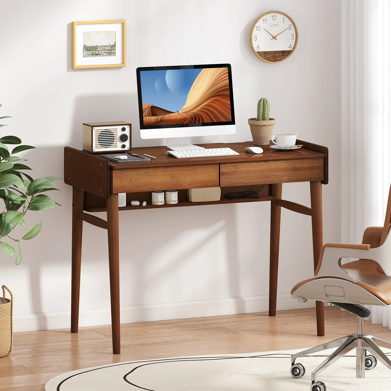 Bamboo Writing Desk With 2 Drawers, Open Shelf, Walnut - Image 2