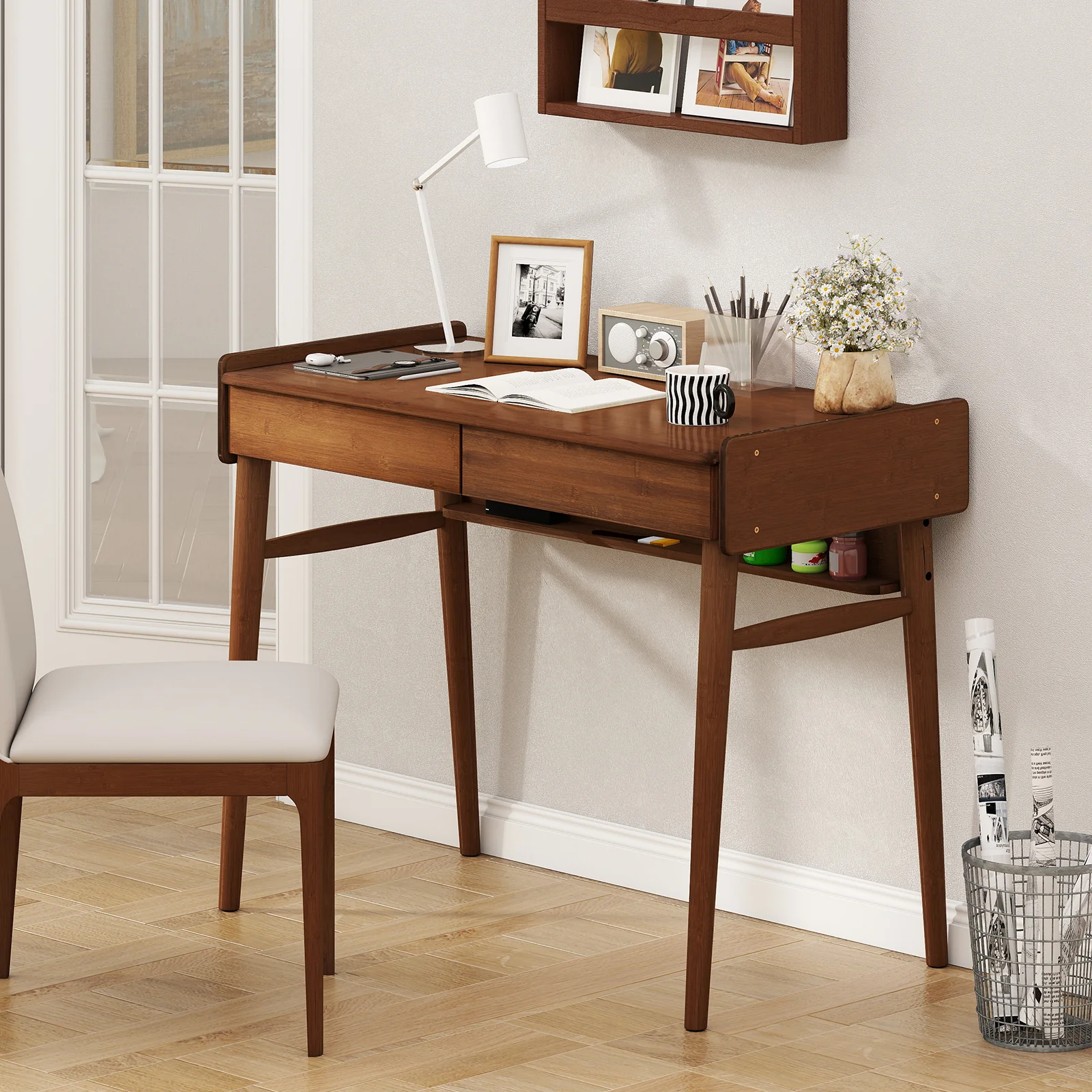 Bamboo Writing Desk With 2 Drawers, Open Shelf, Walnut - Image 3