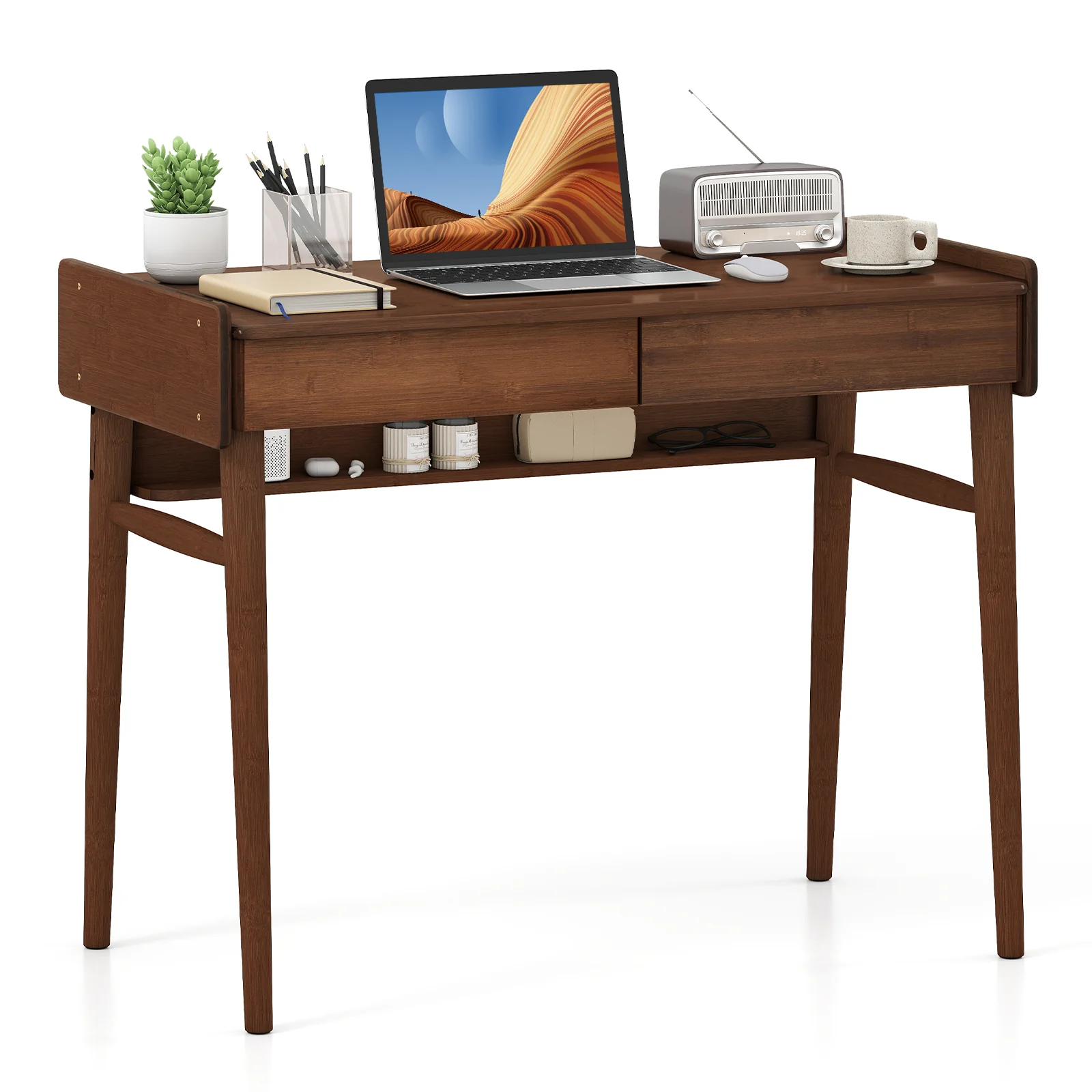 Bamboo Writing Desk With 2 Drawers, Open Shelf, Walnut - Image 4